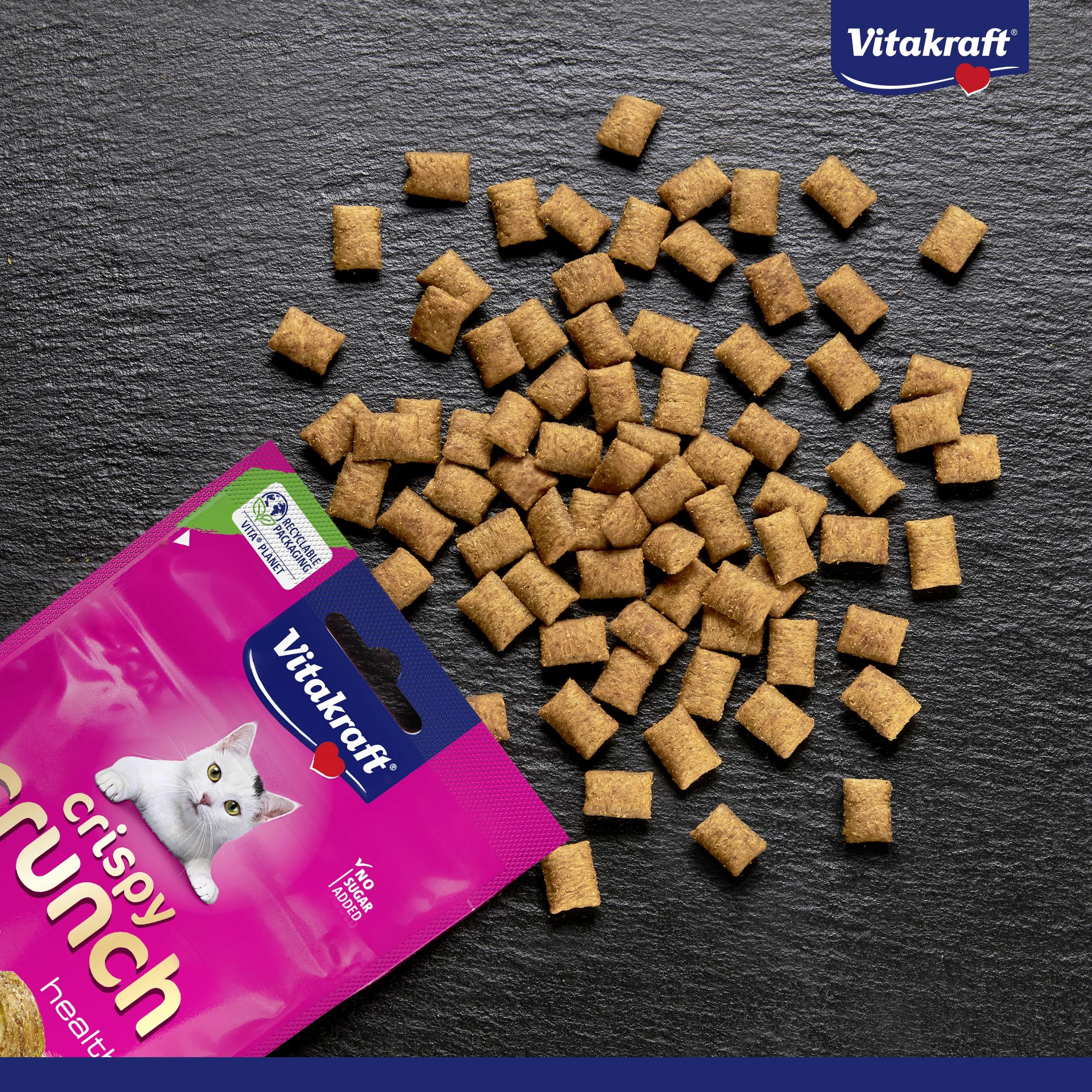Vitakraft Crispy Crunch Classic, golosinas para Gatos, crujiente Snack para Gatos Relleno de Malta, en Bolsa resellable, sin azúcar añadido (1x 60g)