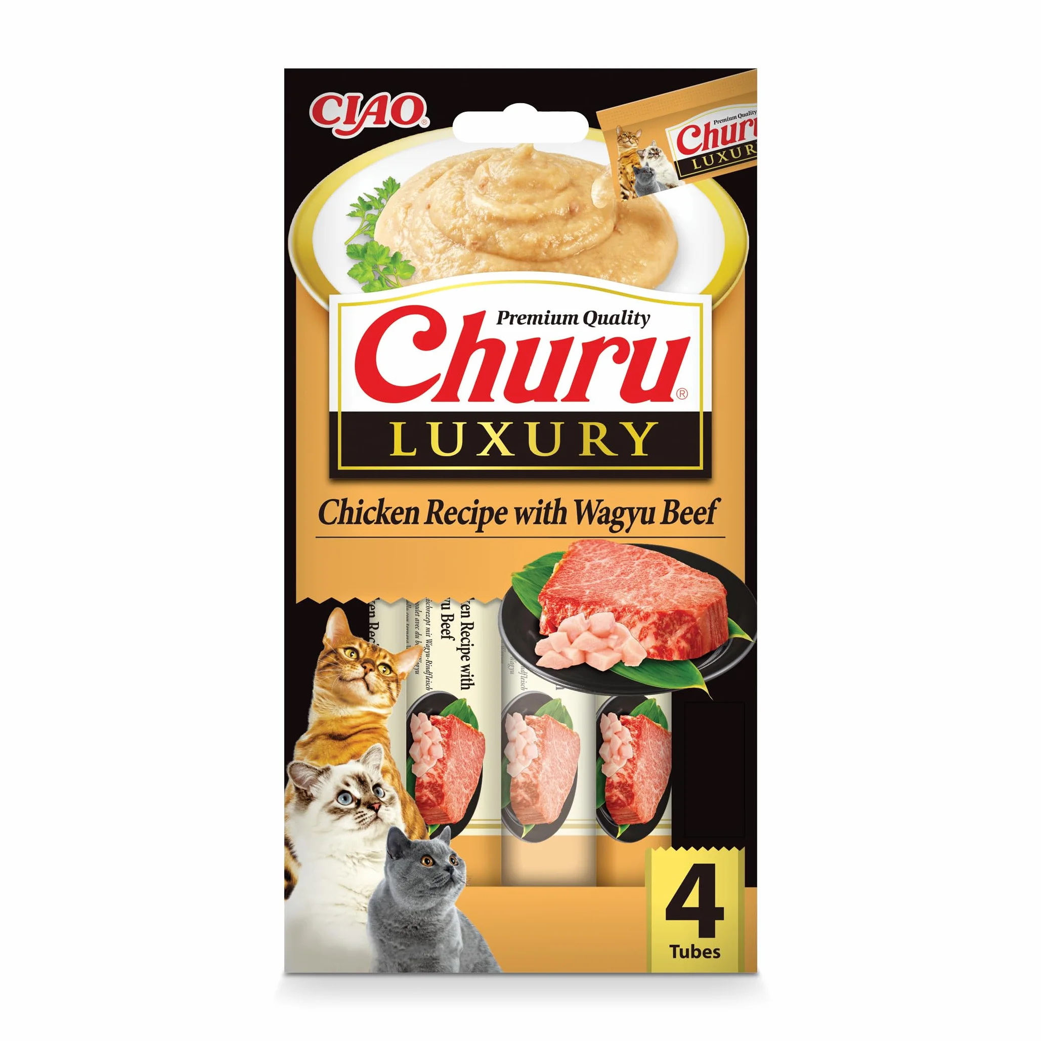 INABA Churu Luxury Gatos - Receta Saludable de Pollo y Carne de Wagyu - Deliciosos Premios con Textura Suave y Cremosa - Natural, Sin Cereales, Sin Colorantes-56g (4 Tubos x 14g)