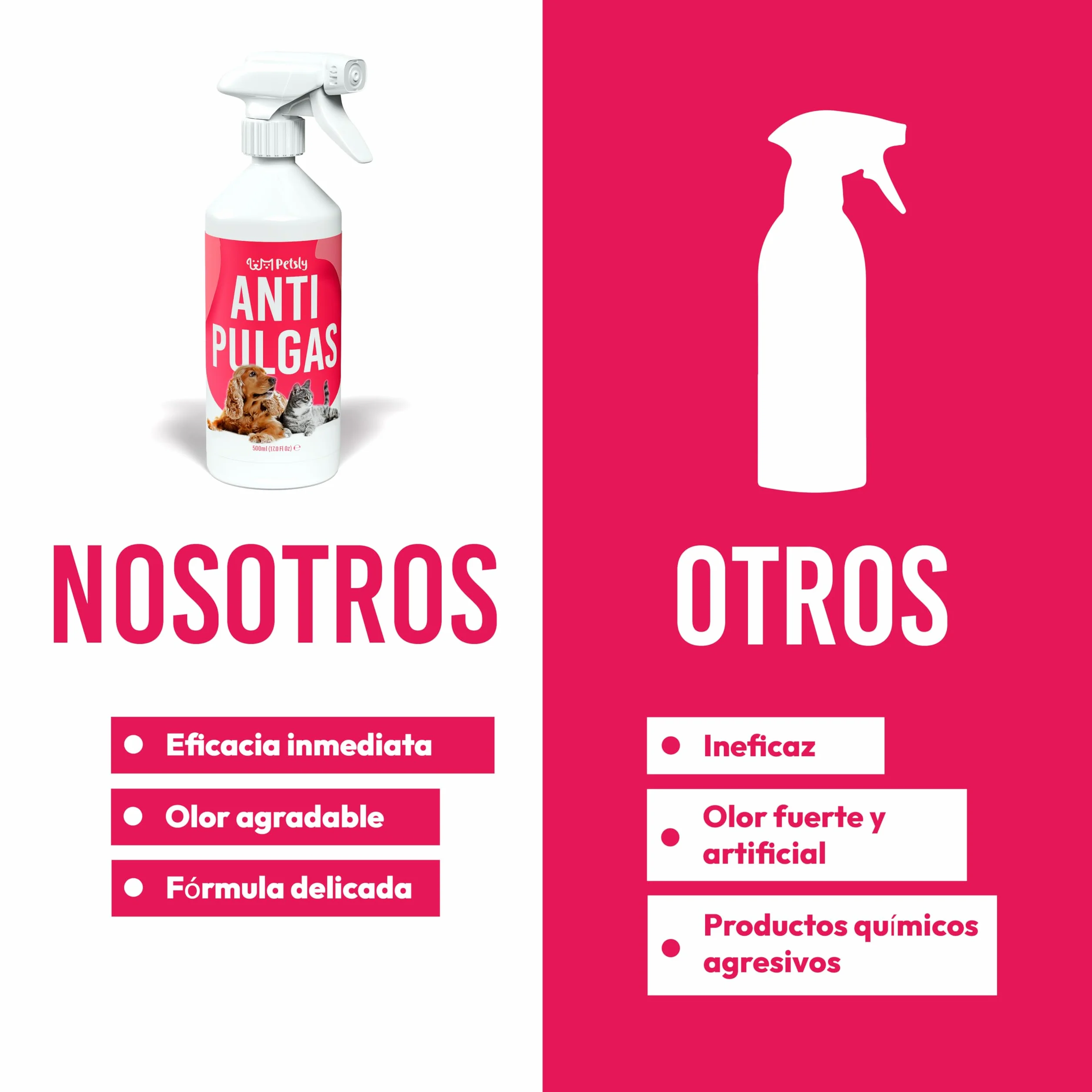 Petsly® Spray Antipulgas para Perros y Gatos -500ml- No Mancha - Antiparasitario Perros con Geraniol - Tratamiento Anti Pulgas, Garrapatas y Ácaros para el Hogar, Muebles y Textiles - Antipulgas Gatos