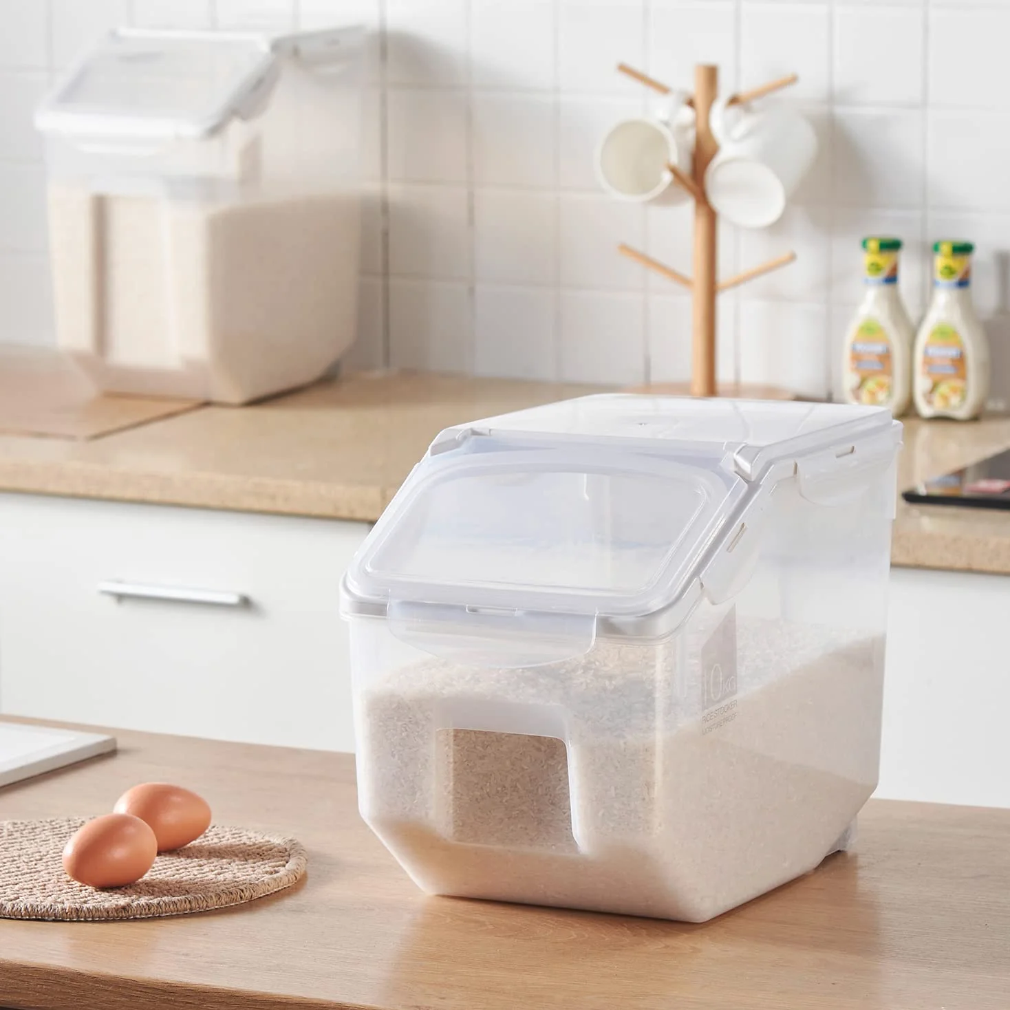HANAMYA Contenedor de almacenamiento de alimentos con taza medidora, sin BPA, 50 tazas, para arroz, grano, comida para mascotas, harina, transparente, 2 unidades
