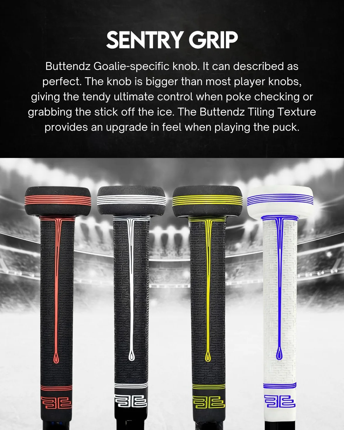 Buttendz Sentry Empuñadura de Repuesto Palo Hockey Portero Control Precisión Perilla Sobredimensionada Textura Mejorada Negra Amarilla