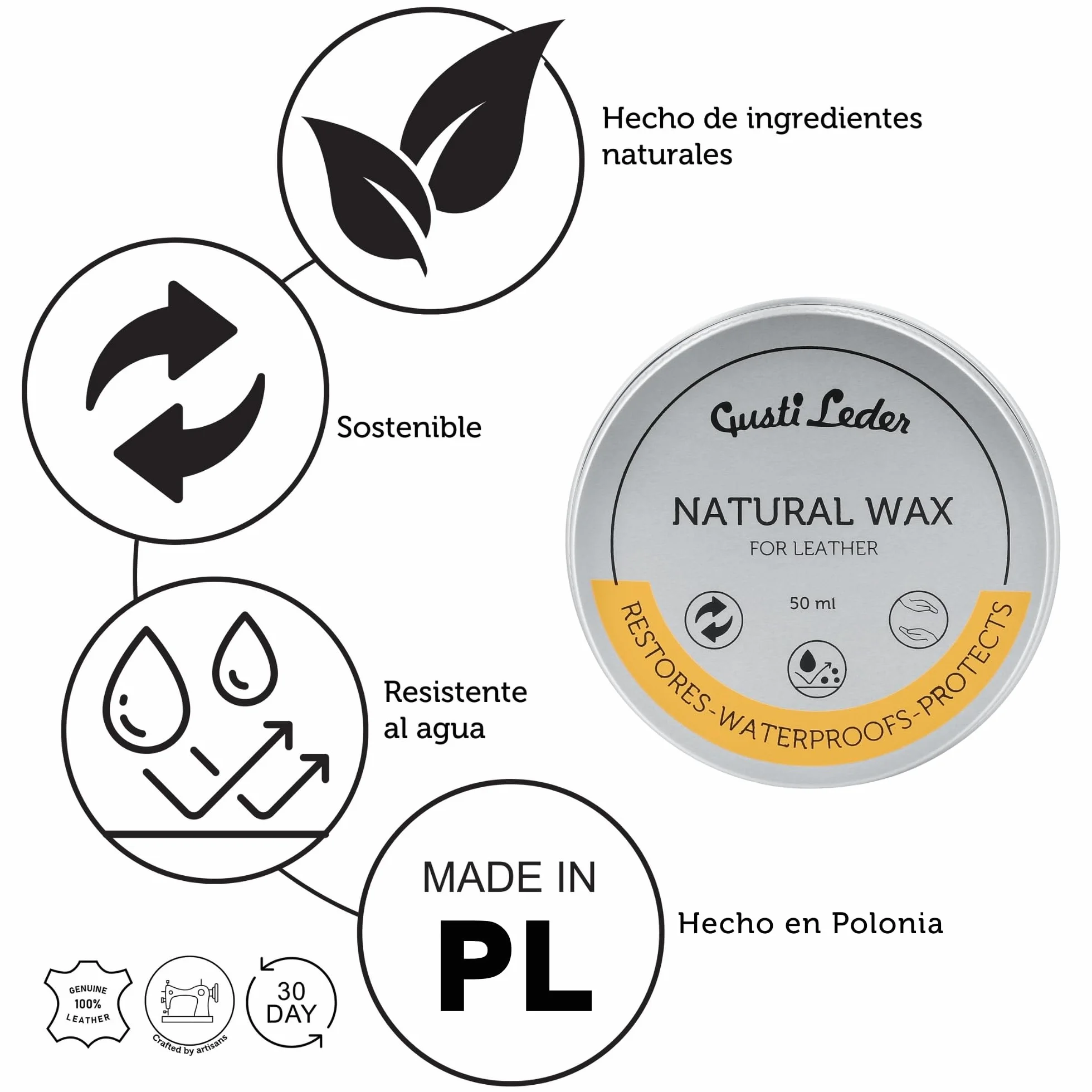 Gusti Leder Natural Wax - Cera de abejas para el cuidado del cuero para sofá, bolsos, zapatos y coche - grasa para cuero para brillo, protección y suavidad