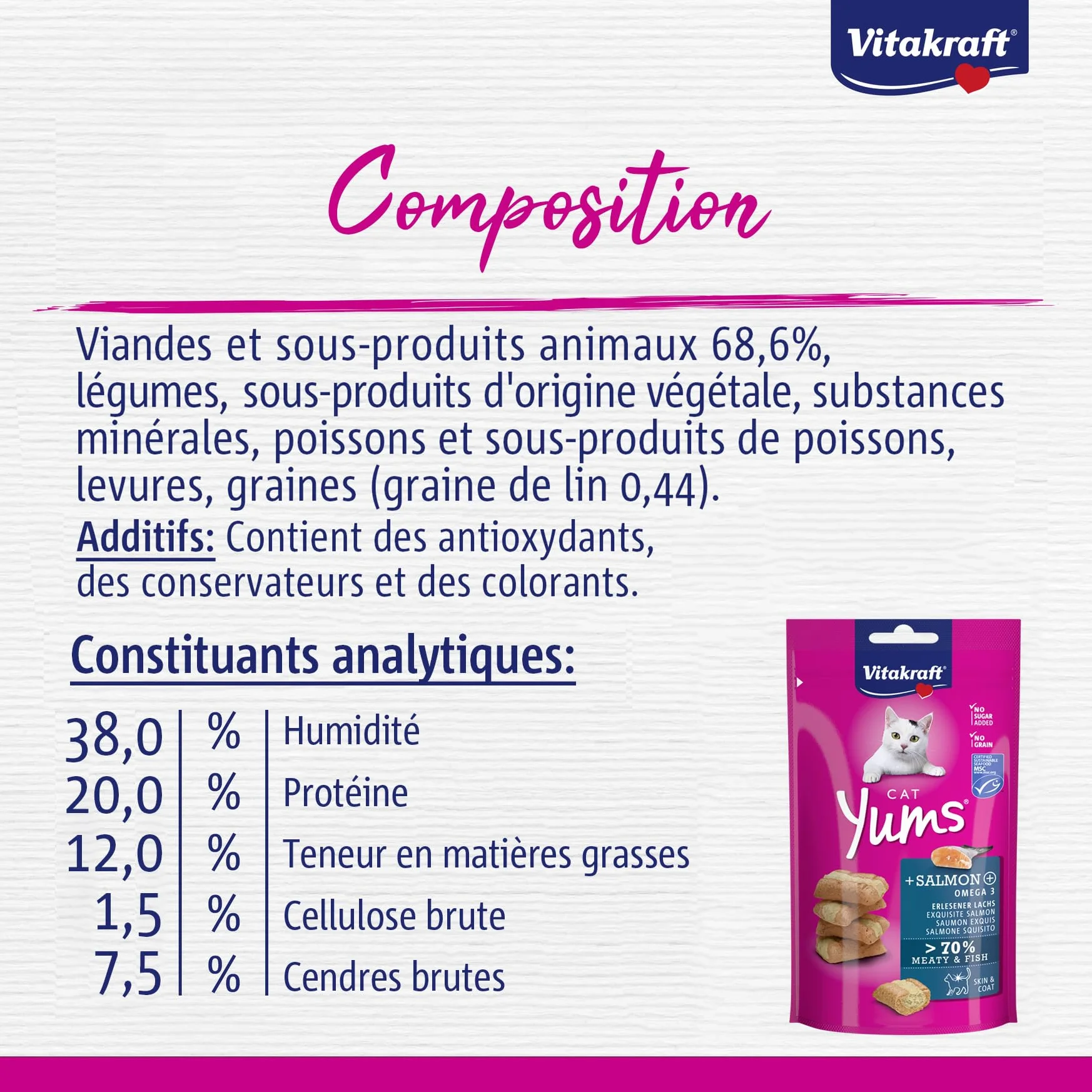 Vitakraft Cat YUMS, golosinas para Gatos, Snack Blando para Gatos Relleno de salmón, en Bolsa resellable, tamaño Almacenamiento, sin azúcar añadido (9X 40g)