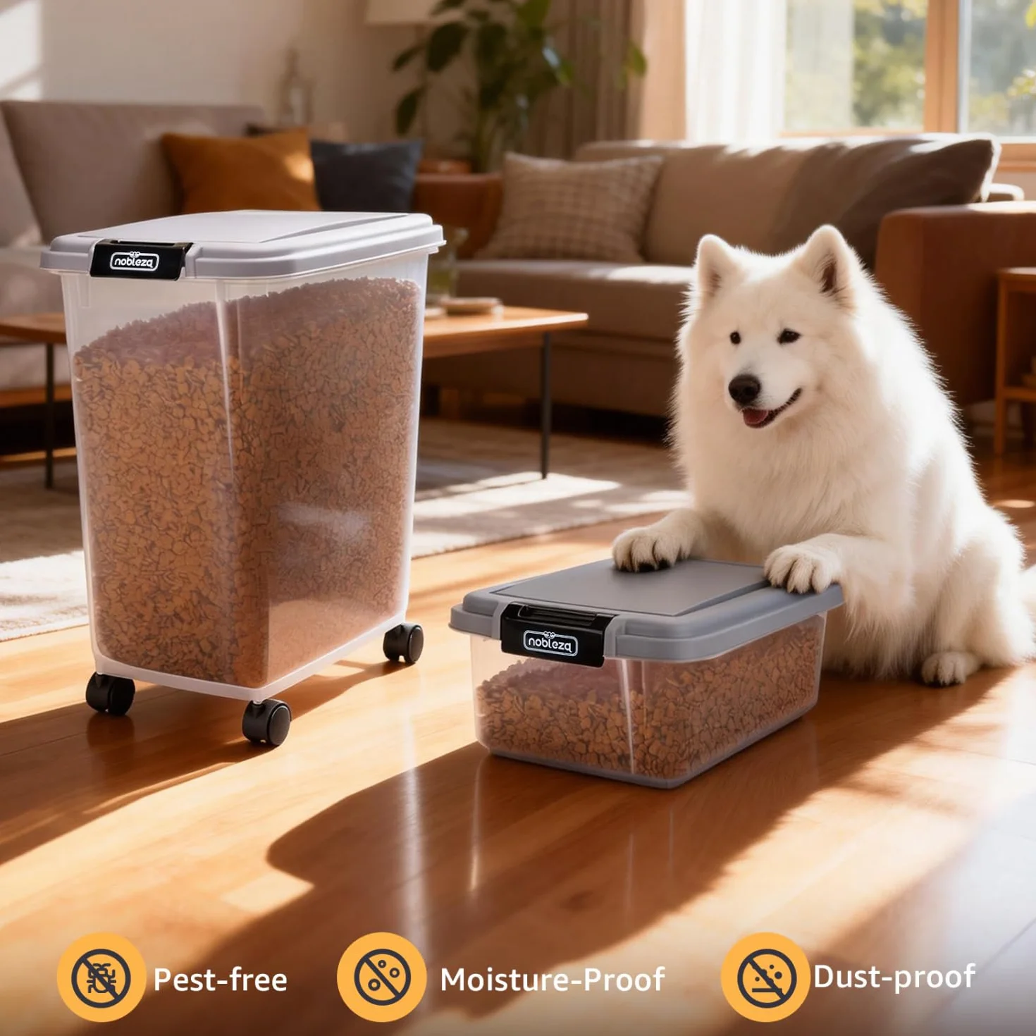 Nobleza Contenedor de Comida para Mascotas 10L+40L， Caja Hermética Transparente con Ruedas， Tapa Abatible y Pala para Alimento de Perros y Gatos， Gris