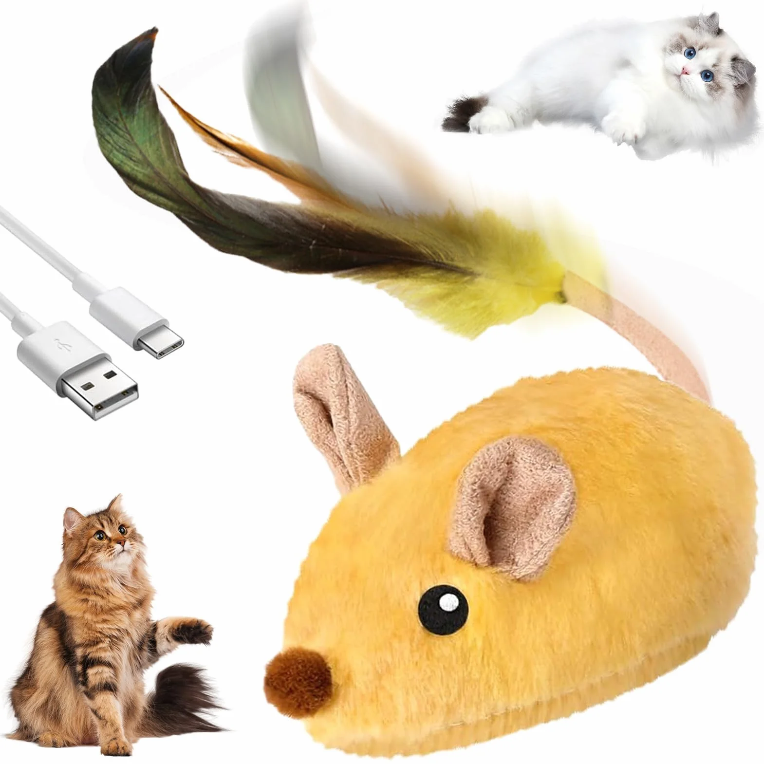 TaimeiMao Ratón de Juguete Eléctrico, Ratón de Simulación Peluche con Cola Emplumada, Juguetes para Gatos Interactivos con Cable USB, Amarillo