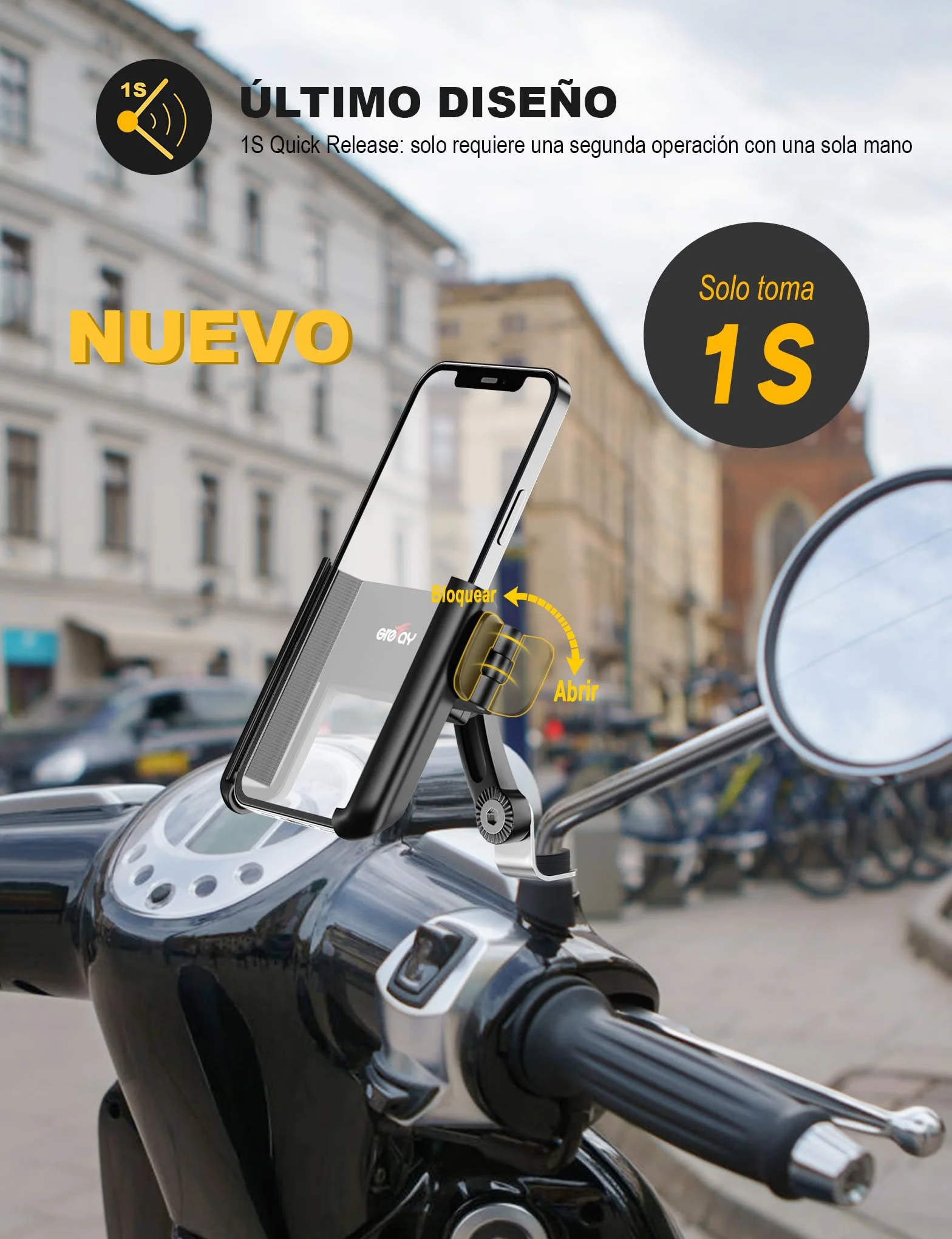 Grefay Soporte Móvil Moto Scooter Desmontaje Rápido 1S 360° Giratorio para Teléfonos 3.5-7.0 Pulgadas