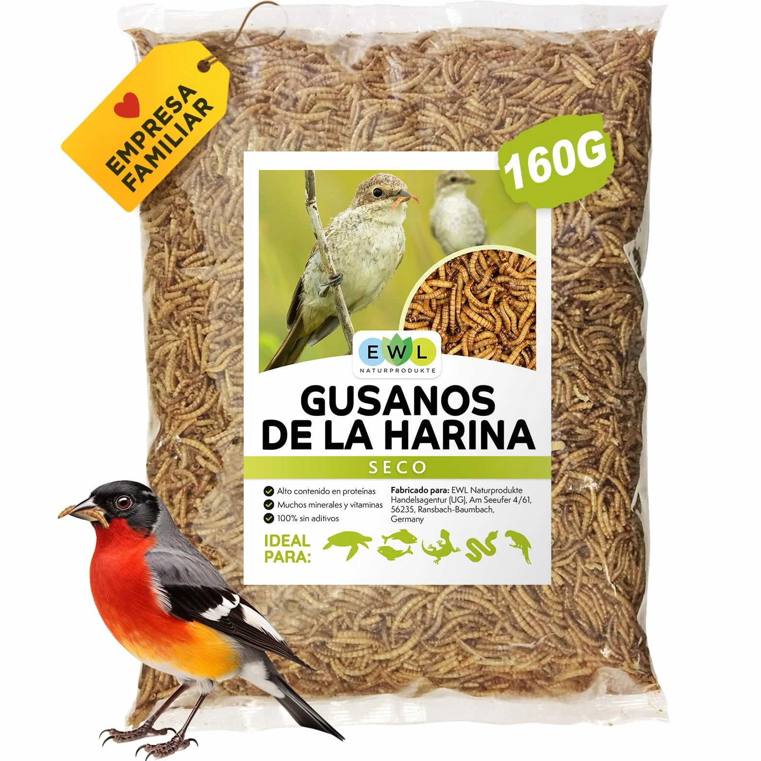 EWL Naturprodukte Gusanos de la Harina Secos 160 g (1 L), Snack de Insectos para Aves, Peces, Tortugas, Roedores y Reptiles