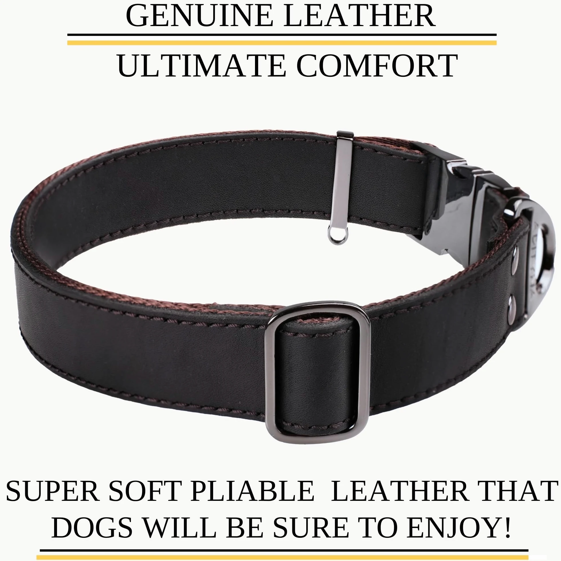 ADITYNA - Collar de cuero para perro con hebilla de metal para perros medianos y grandes - Collar táctico de cuero resistente, ajustable y de cuero (negro, se adapta a cuellos de 15 a 21 pulgadas)