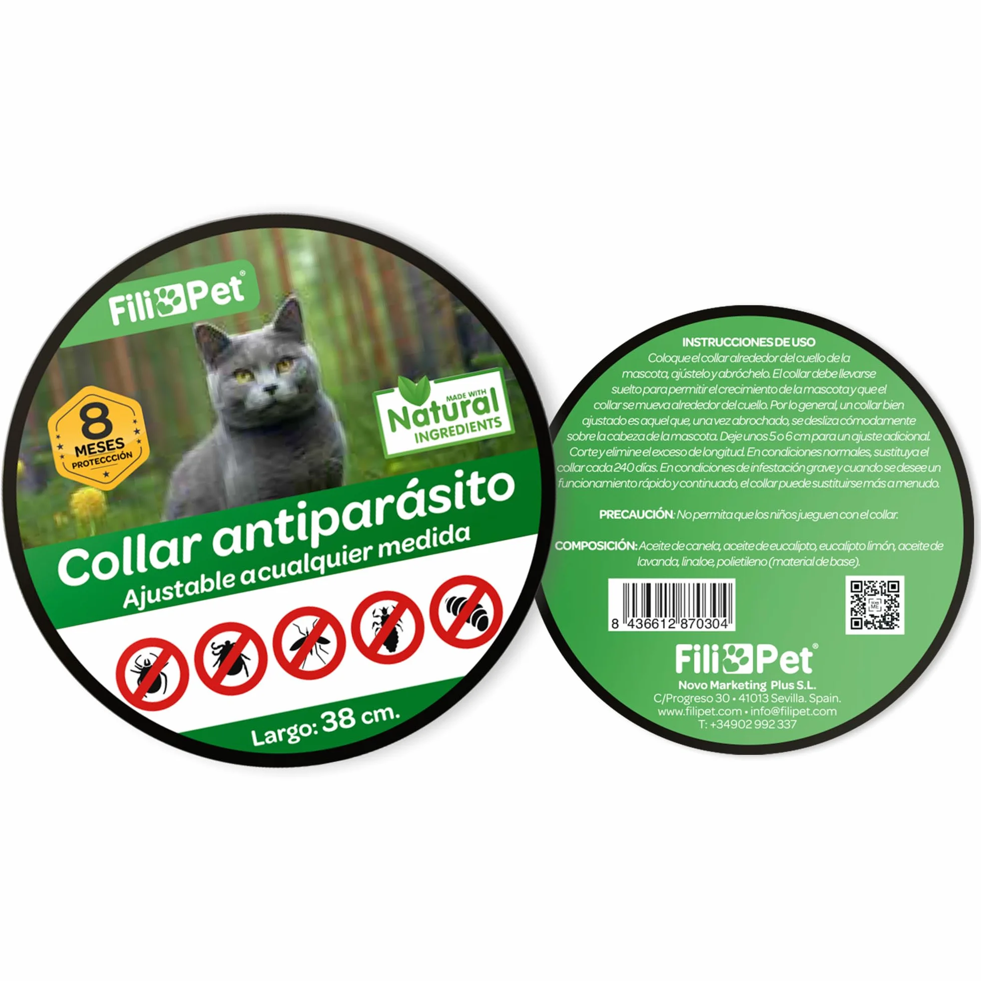 Collar Antiparasitario para Gato en, 8 Meses de Protección, Eficaz contra Pulgas, Garrapatas, Mosquitos y Piojos, Resistente al Agua, 38 cm de Largo, Ajustable (Amarillo)