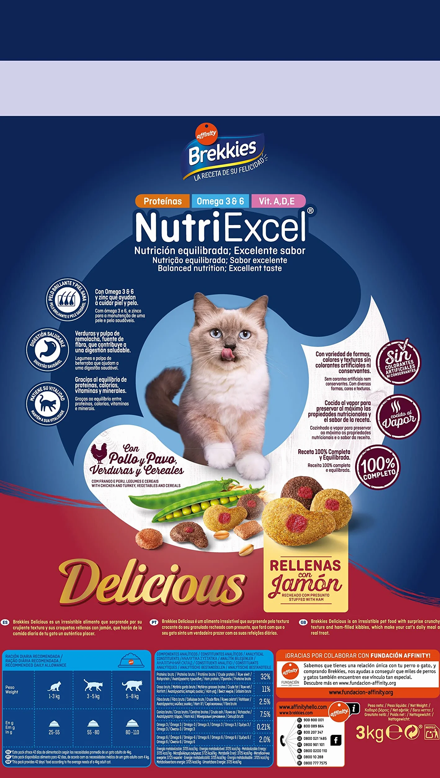Brekkies Pienso para Gatos Delicious con una Selección de Aves y Verduras - 3000 gr