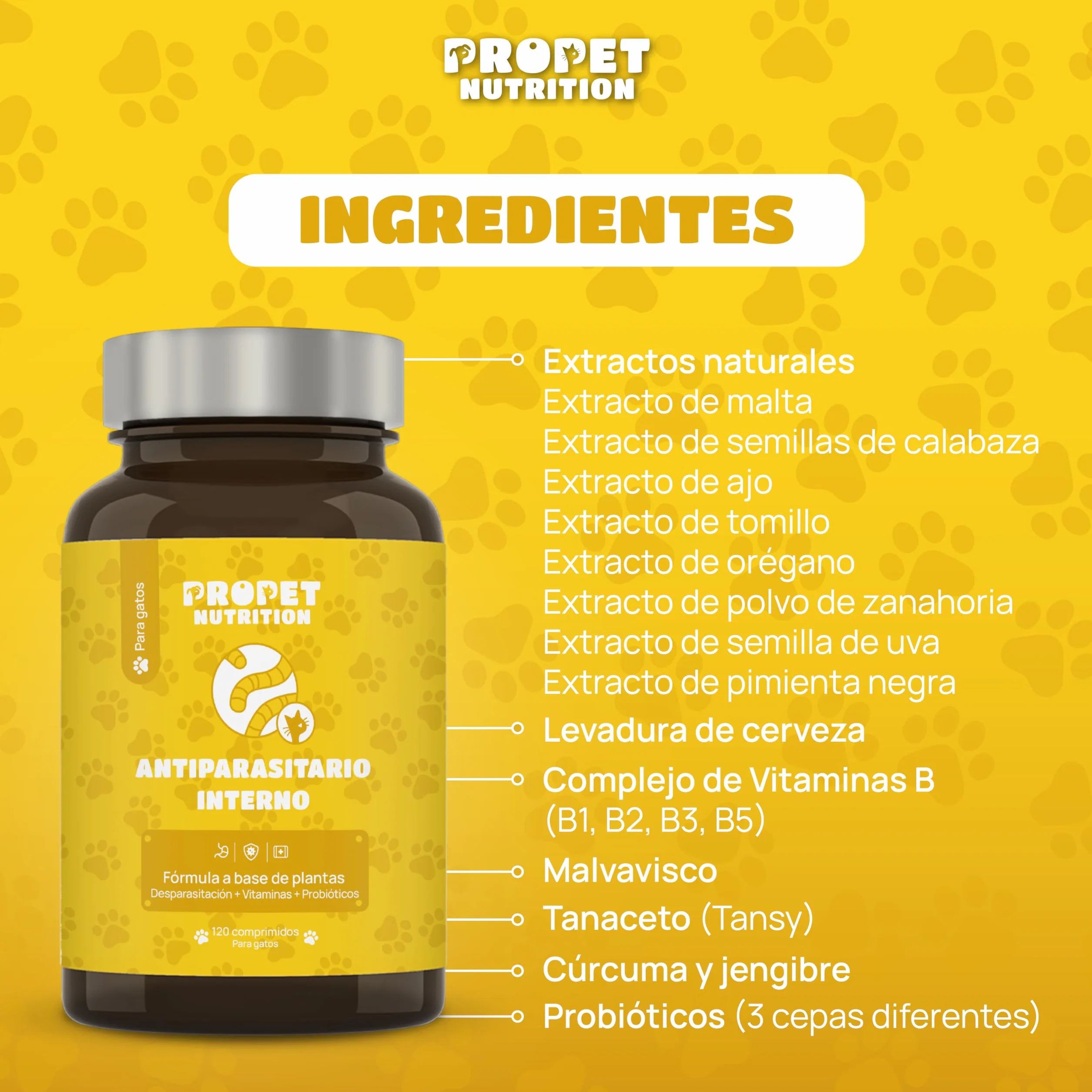 Desparasitente Gatos Interno. 100% Natural. 120 Dosis. 12 Plantas de Rápida Absorción y Eficacia. con Malta, Vitaminas y Probióticos. Antiparasitario Gatos. Desaparasita, Repara y Previene