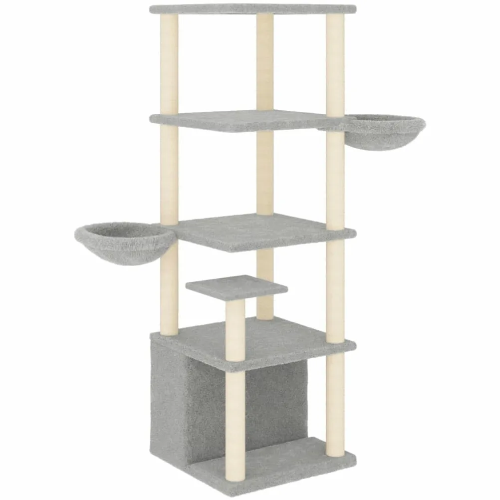 Árbol trepador de 147 cm de alto con 2 cuevas y troncos de sisal, color gris claro | Mueble para gatos de varios niveles para el salón con cómodas superficies de descanso de felpa suave y base resistente.