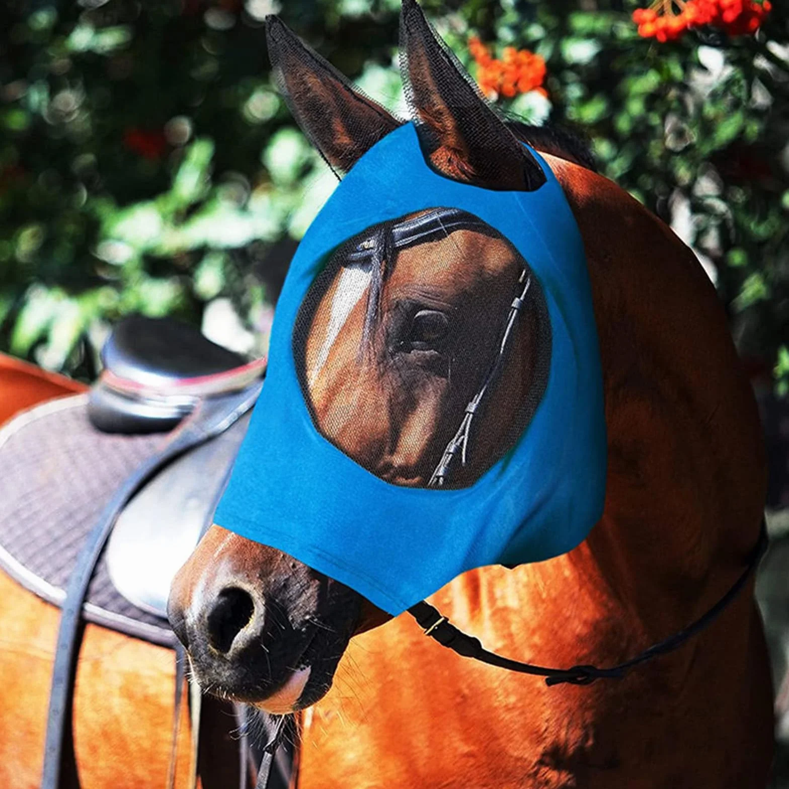 Máscara de Mosca de Caballo, Máscara Antimoscas para Caballo, Máscara de Mosca con Malla Transpirable, Anti-UV, Antimosquitos, Insectos, Máscara de Freno Elástica (Azul)