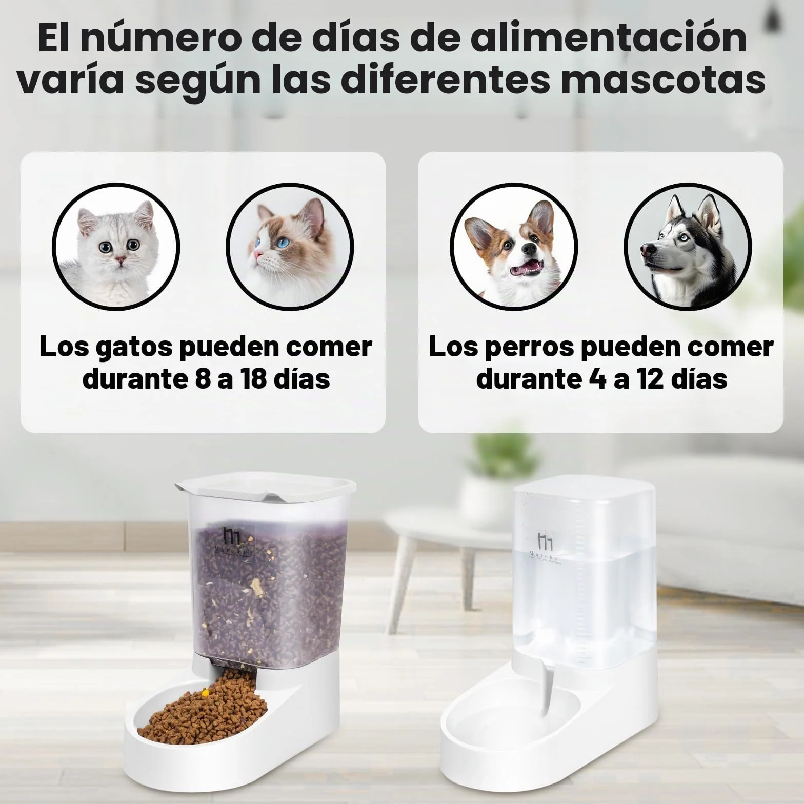 Marchul Dispensador para Gatos y Perros, Comida y Agua, Pack 2 Unidades, Comederos Automáticos, 3.8 L c/u, Comedero, Alimentador y Bebedero para Mascotas (Alfombrilla de Silicona)
