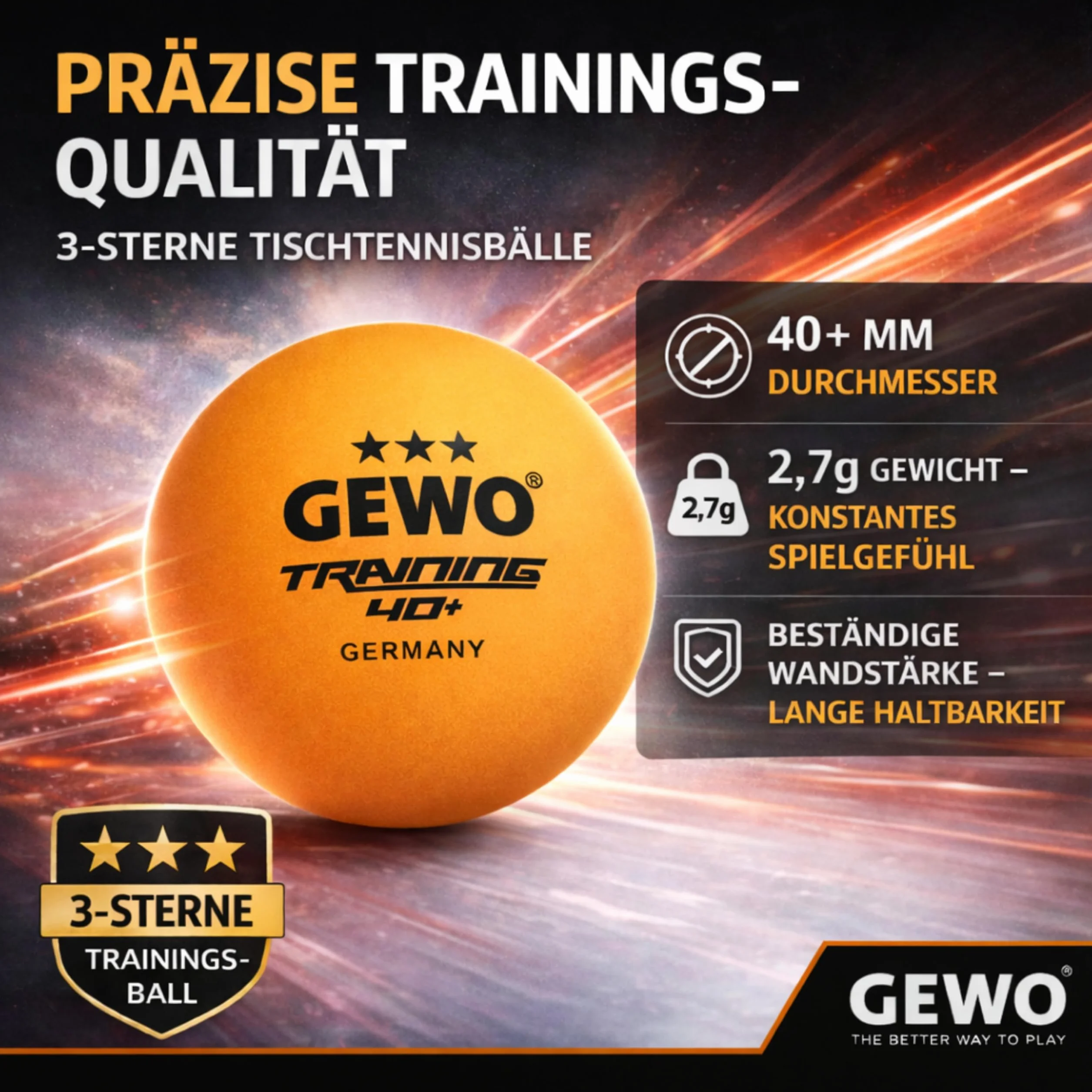 GEWO Pelotas de Ping Pong Training 40+ 3 Estrellas ABS Plástico Diámetro 40 mm
