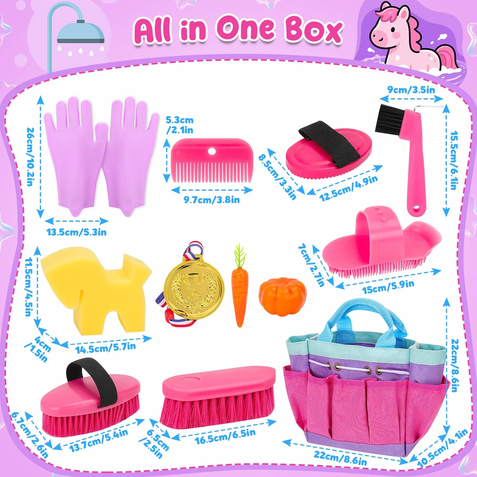 deAO Set de Cuidado de Caballos con Bolsa, Utensilios de Limpieza para Caballos para Niños con Cepillo, Guantes, Cepillo de Masaje, Peine para Crines, Rascador de Cascos, Esponja para Caballos (Rosa)