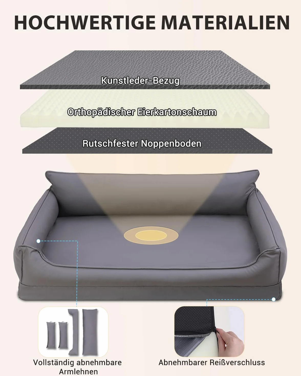 Ortopédica Cama Perro Medianos, Sofá Perro de Cuero Sintético Impermeable–91x68 cm, Espuma de Huevo, Cama para Perros Desenfundable y Lavable, Colchon Perro Antideslizante, Gris