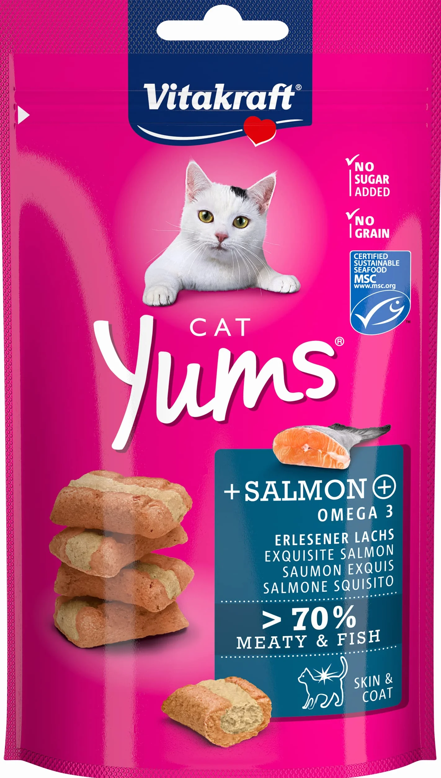 Vitakraft Cat YUMS, golosinas para Gatos, Snack Blando para Gatos Relleno de salmón, en Bolsa resellable, tamaño Almacenamiento, sin azúcar añadido (9X 40g)