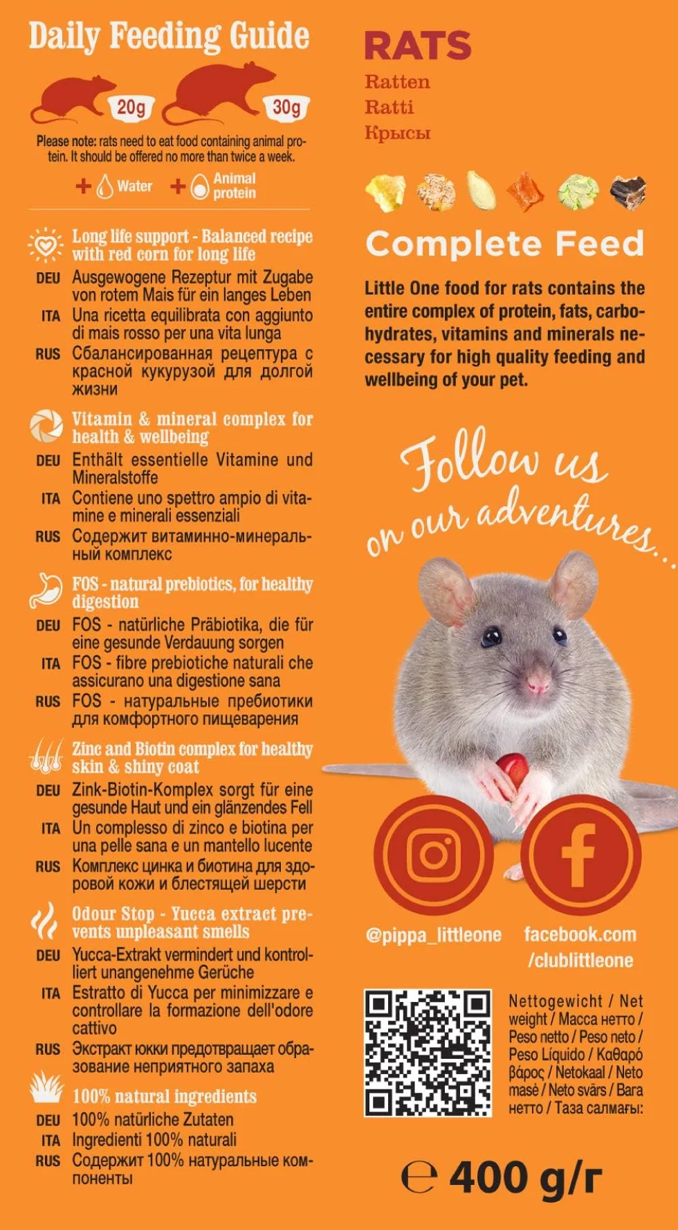 Little One Ratas | 400 g | Alimento Completo para Ratas | Contiene proteínas y carbohidratos | con minerales y vitaminas | Composición equilibrada y nutritiva