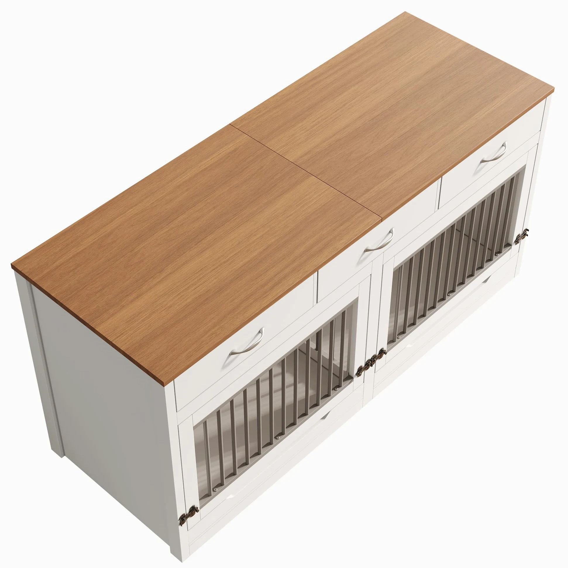 Jaula para perros de madera y metal, para 2 perros, 164 x 60 x 81 cm, caseta interior, tapa abatible, divisor extraíble, 3 cajones (blanco + efecto madera)