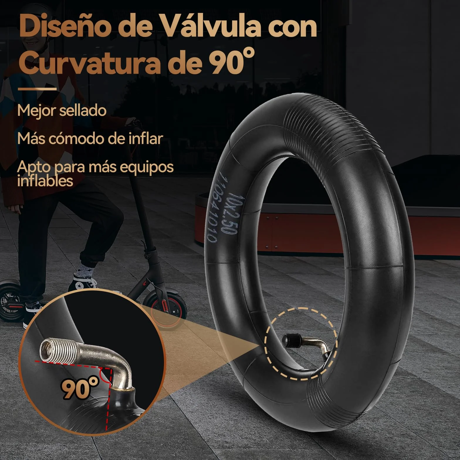 Cámara de Aire Patinete Eléctrico 10 Pulgadas 10x2,50 2MM Engrosada 90° Válvula de Curvatura 60/70-6,5 Neumático Ninebot MAX G30 G30P G30LP
