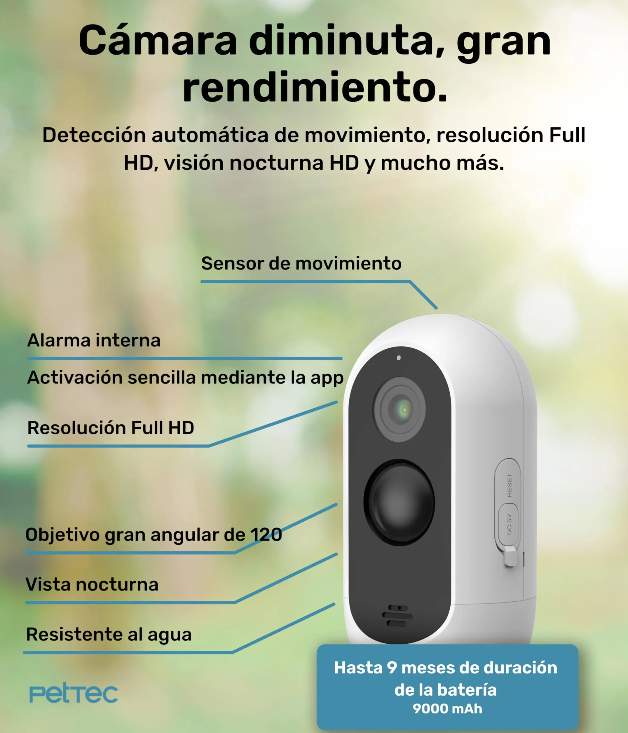 PetTec® CAM Free - Cámara Inalámbrica para Mascotas con App [SIN SUSCRIPCIÓN] - para Gatos y Perros, Interior/Exterior - Detección de Movimiento, Función de Voz - Batería hasta 9 Meses sin Cargar