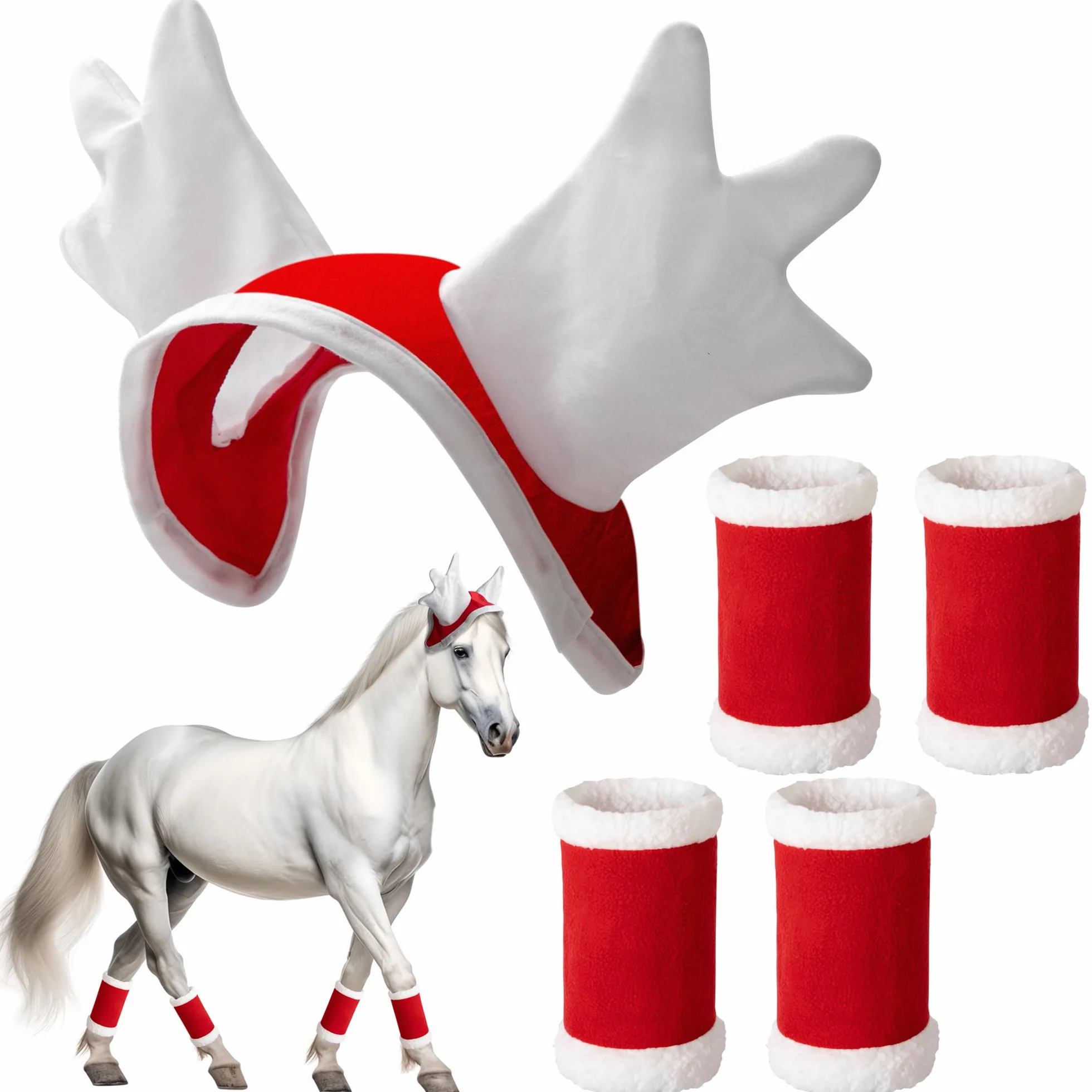 5 unidades/6 disfraces de Navidad de caballo, envoltura de terciopelo para piernas de caballo, sombrero de Snata, almohadilla de sillín para suministros de fiesta de vacaciones