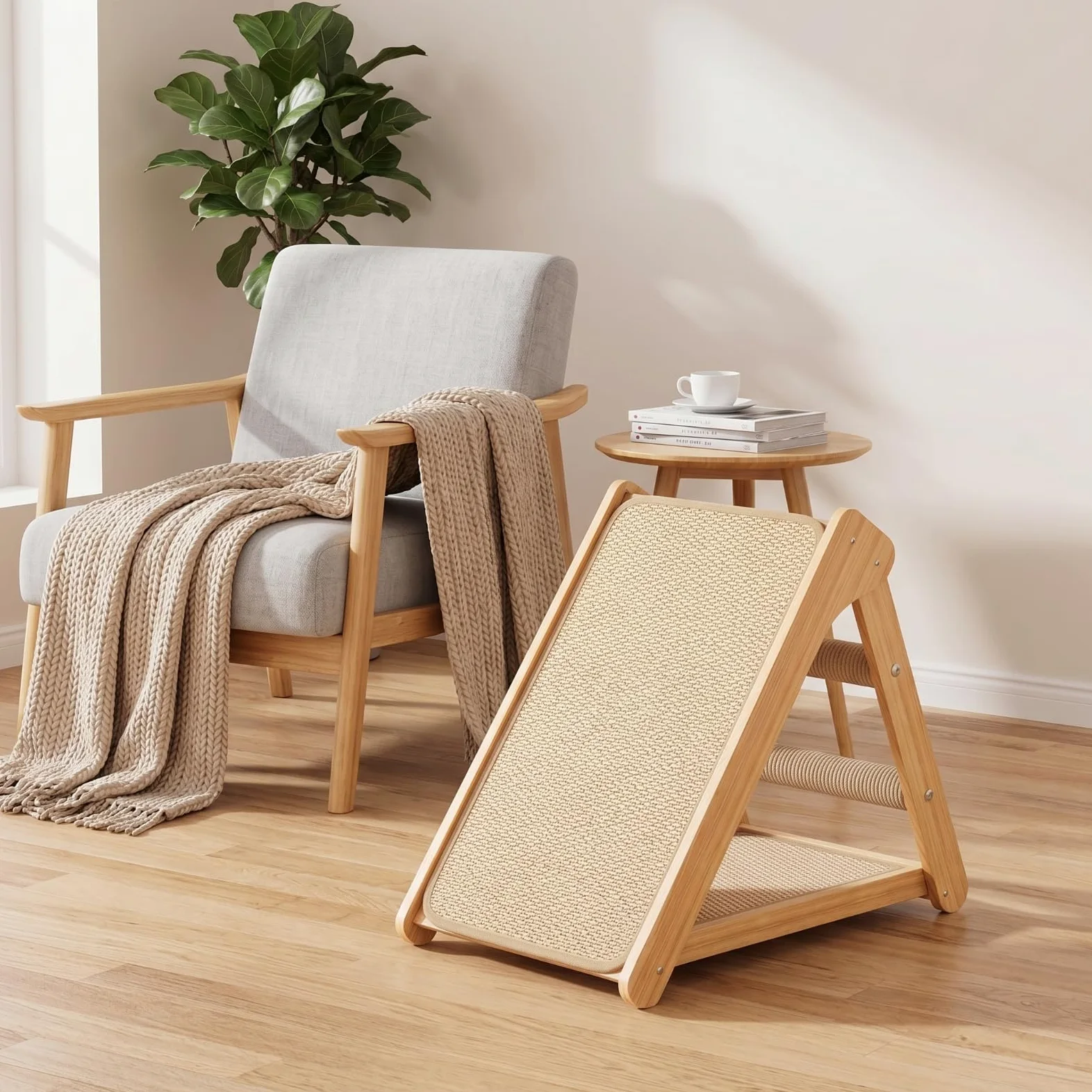 rockible Rascador con Rampa Sisal Seguro Escalador Vertical Mueble para s, 52cm X 60cm X 32cm, Rascador De Madera Maciza con Plataforma De Salto, 60cm X 32cm X 52cm