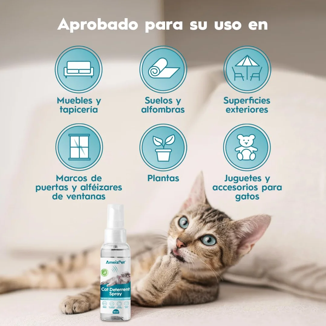 AmeizPet Spray Antiarañazos Gatos, Evita Que Los Gatos Arañen Muebles, Alfombras, Cortinas y Plantas, Ahuyentador de Gatos y Gatitos Exterior e Interior, 50 ml (1.69 Oz)