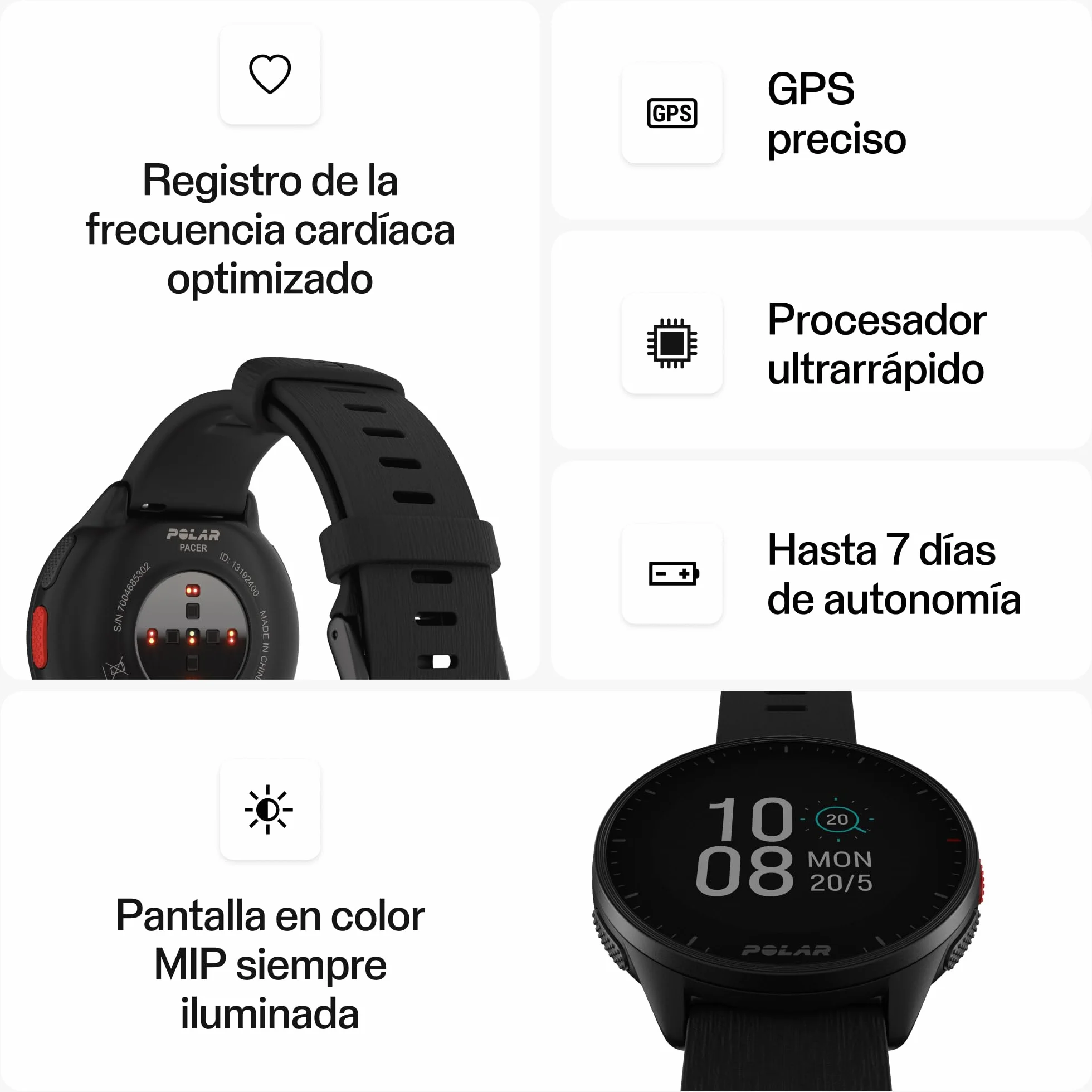 Polar Pacer Reloj de Running con GPS Pulsómetro Ligero