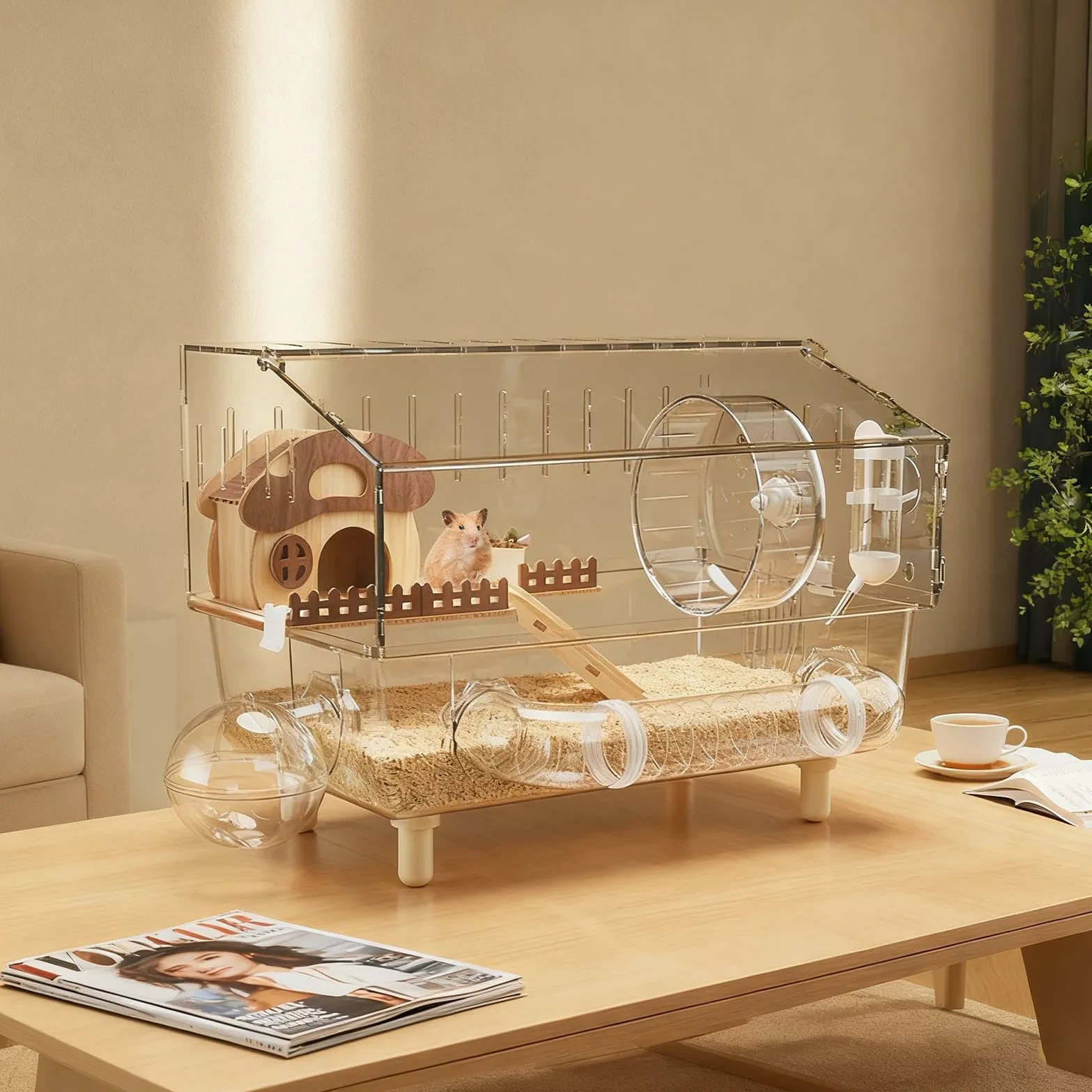 Jaula grande de acrílico para hámster con accesorios, tanque de hábitat de 2 capas con rueda de ejercicio para mascotas pequeñas como ratones, hámsters enanos y jerbos, 45 x 28 x 34 cm