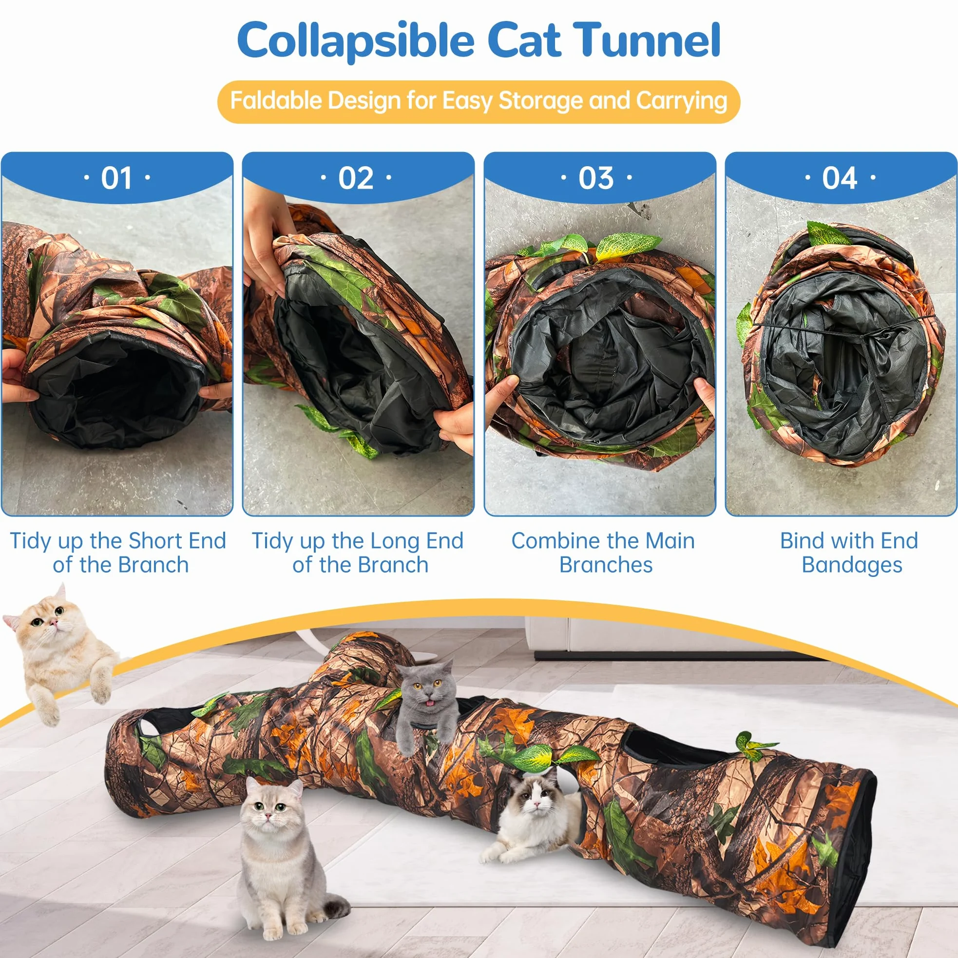 Túnel para gatos de interior grande, juguete de cama para gatos con tres canales y hojas, cueva para gatos en forma de Y, plegable, fácil de almacenar, adecuado para gatos y otras mascotas