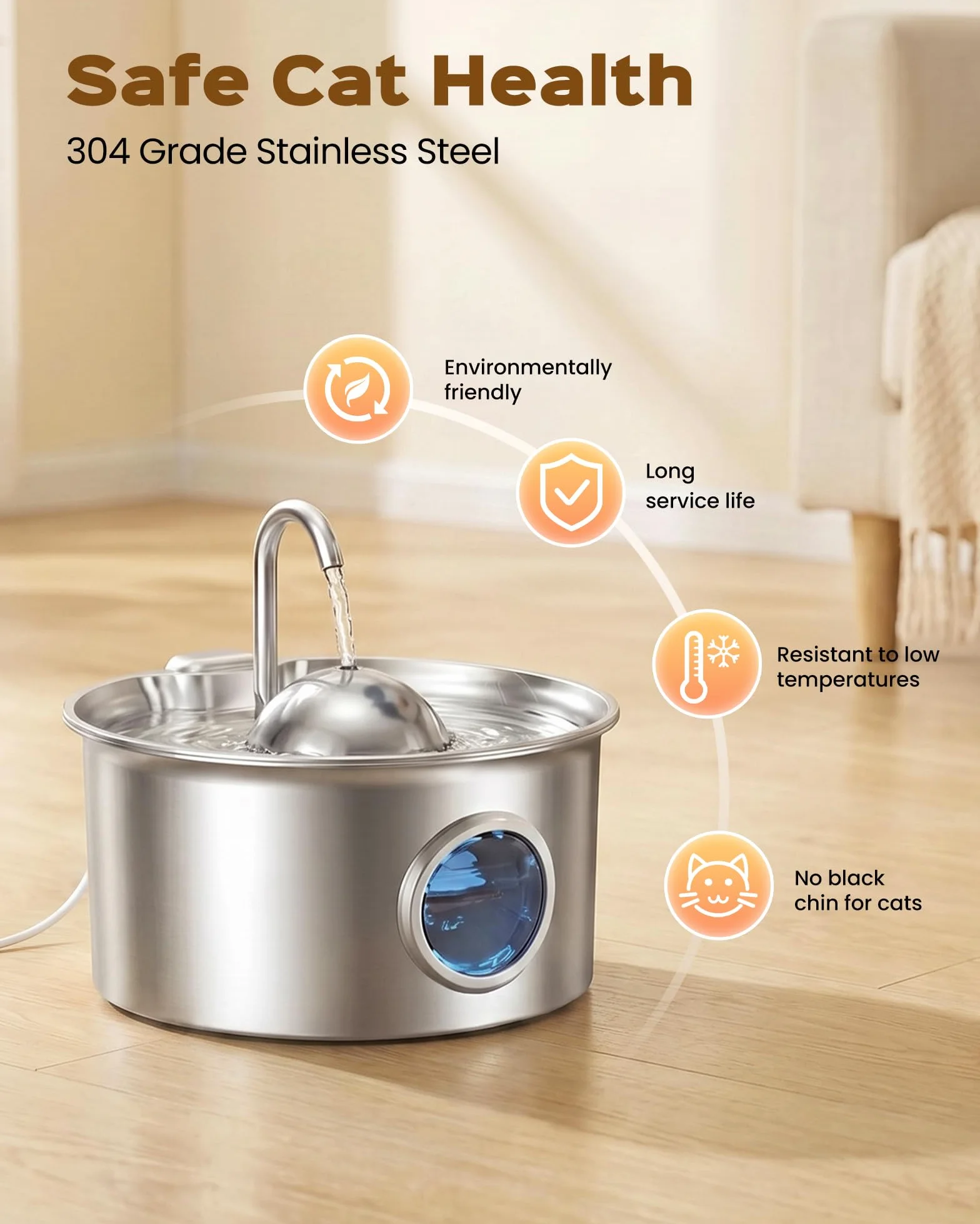 Fuente para Gatos Acero Inoxidable: Bebedero Gatos Automatico - 2.6L Fuente Gato Acero Inoxidable - Dispensador Agua Gato - Dispensador Agua Mascota - Filtración de Cuatro Capas - Hemiesférico