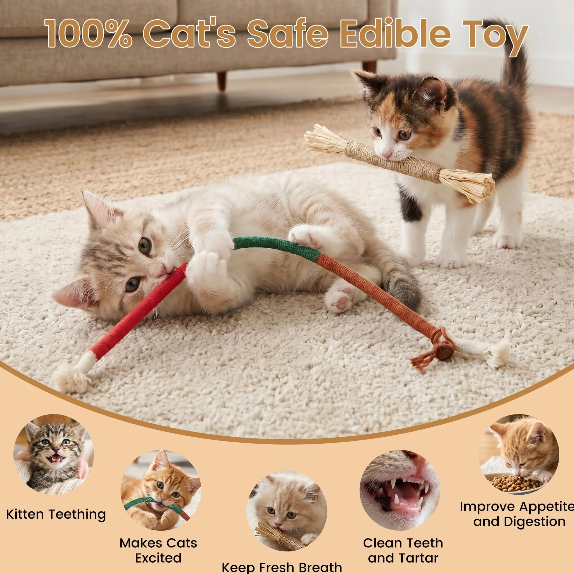 Juguetes para gatos, 7 cuerdas masticables para gatos y palos de vid plateada para gatos con hierba gatera natural y vid plateada, juguetes de limpieza segura de dientes para gatitos de