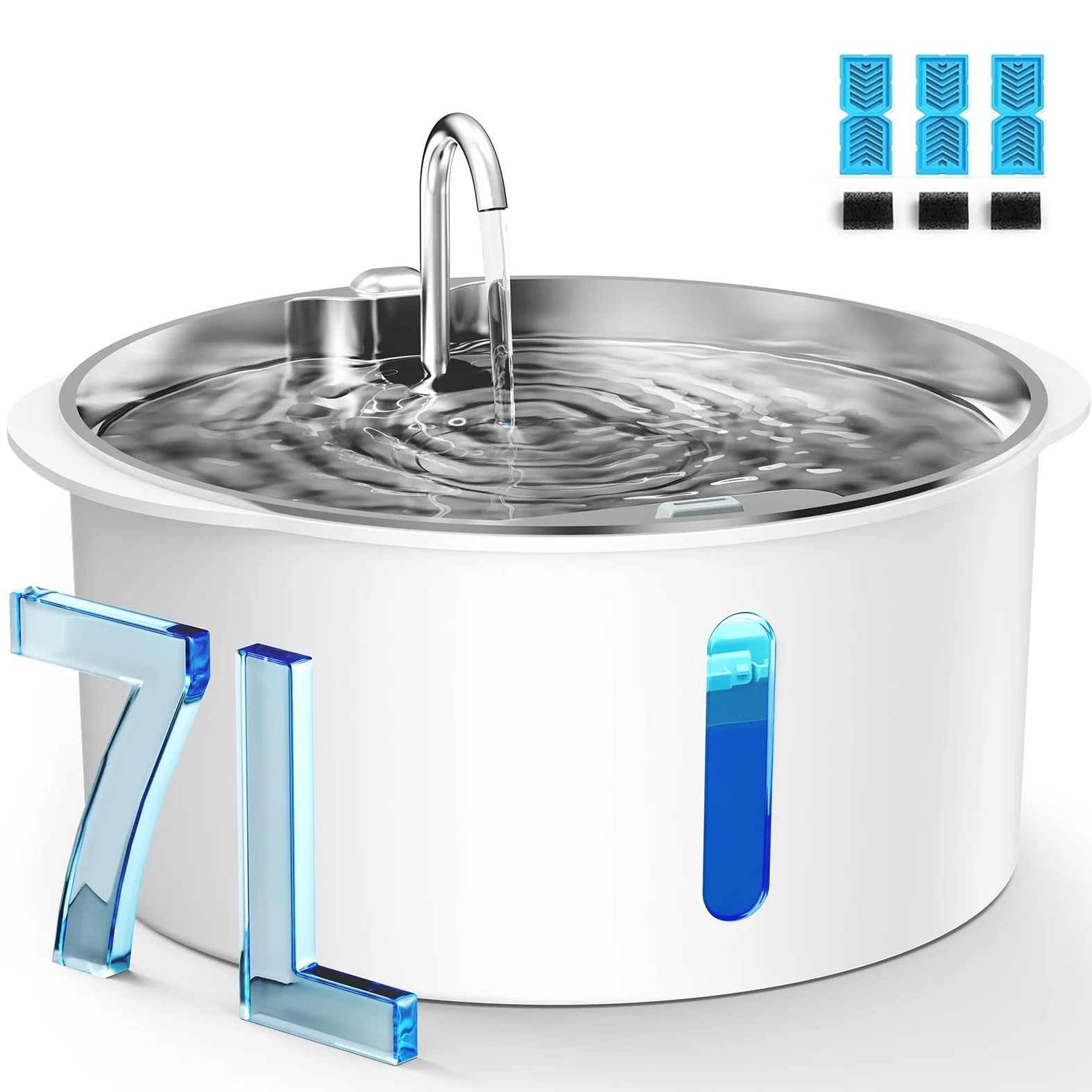 Fuente de agua para perros grandes, fuente de acero inoxidable de 1.8 galones/7 litros, dispensador de cuenco de agua para perros con ventana de visualización y LED, súper silenciosa, filtros de