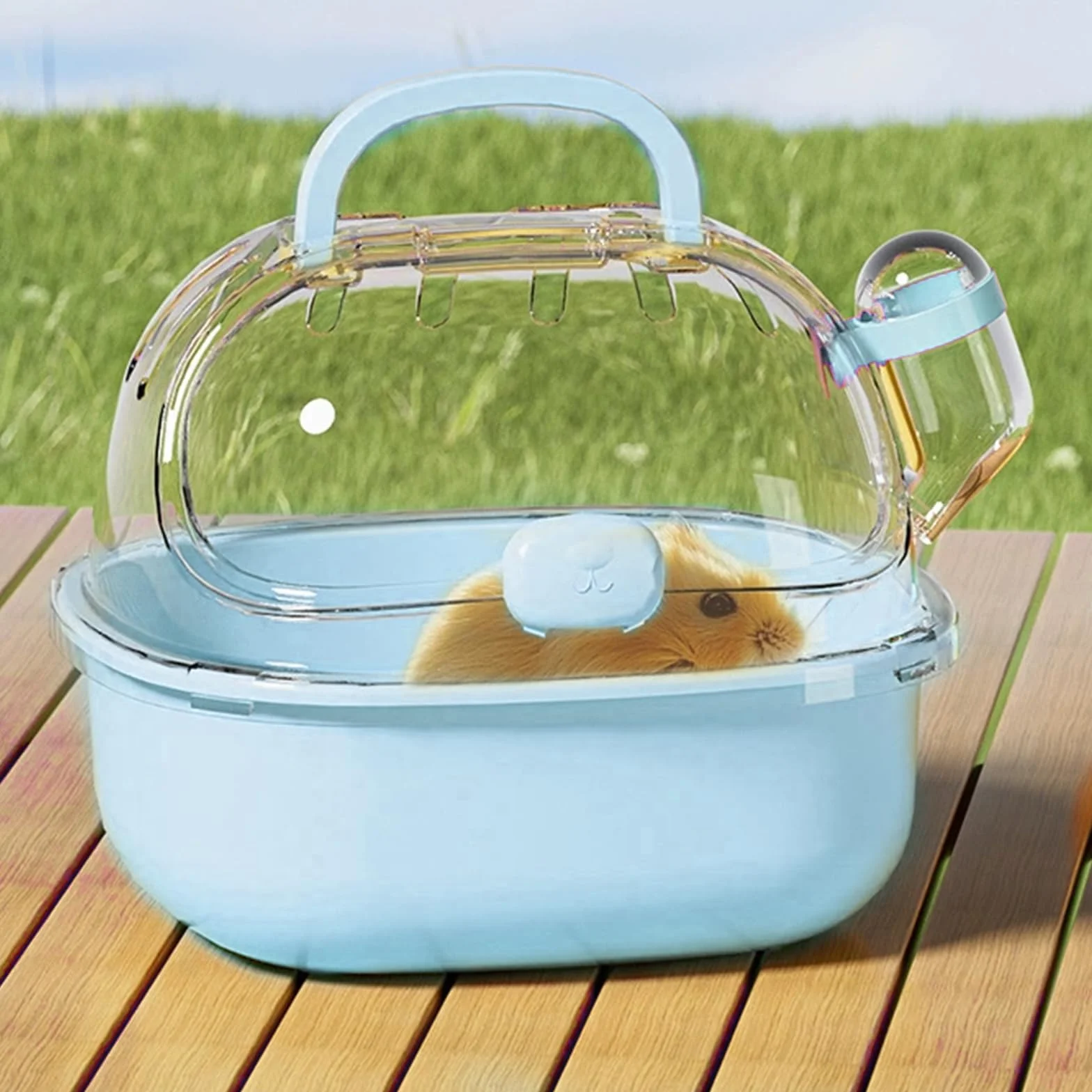 Transportbox Hamster con botella de agua, 20 x 18 x 19 cm, portátil, para animales pequeños, jaula de transporte con ranuras de ventilación, caja de viaje, jaula de transporte para jerbos, ratones