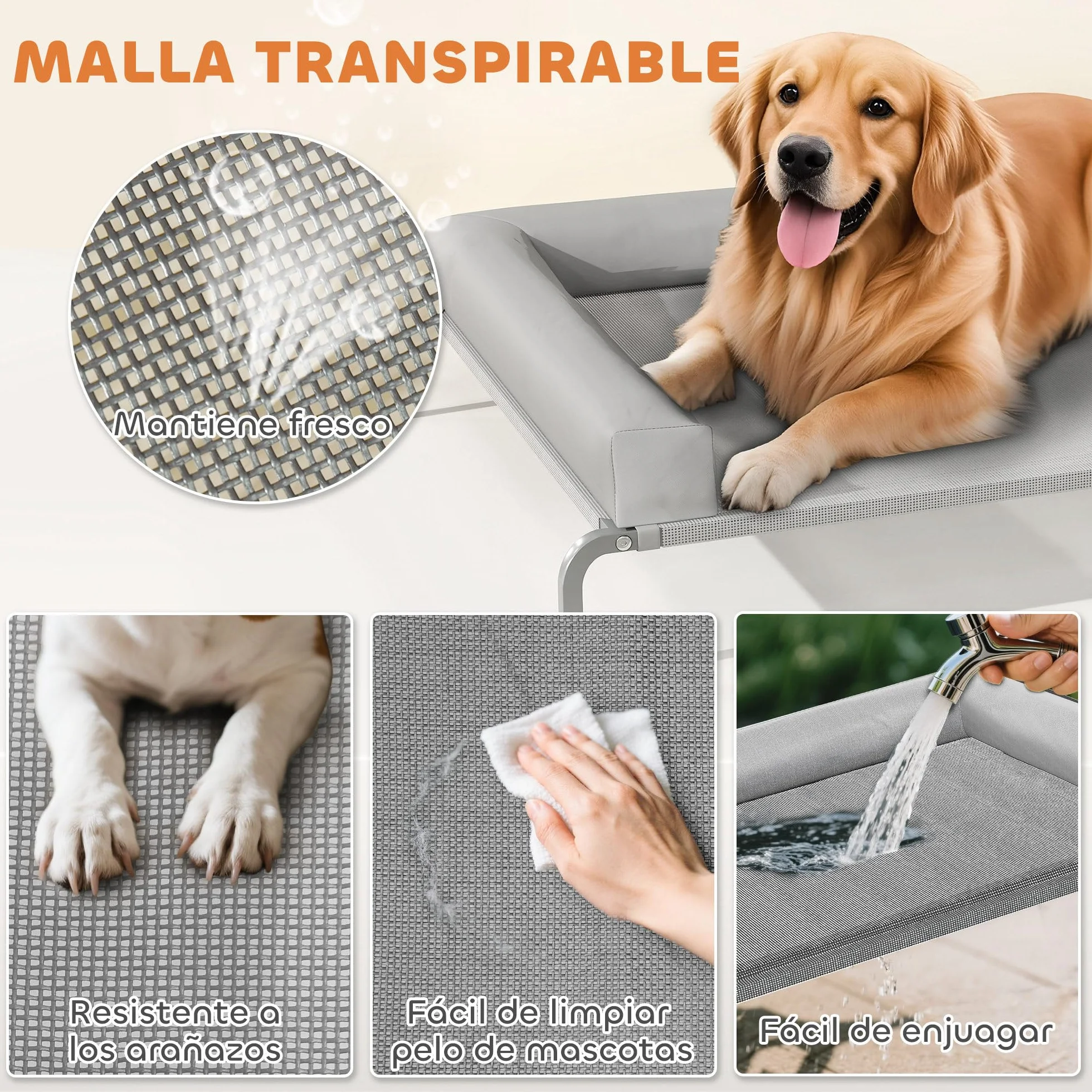 PawHut Cama Elevada para Perros Refrescante con Refuerzos Extraíbles Cama Elevada para Perros Grandes Portátil con Malla Transpirable Marco de Acero para Interior Exterior 130x90x30 cm Gris Claro