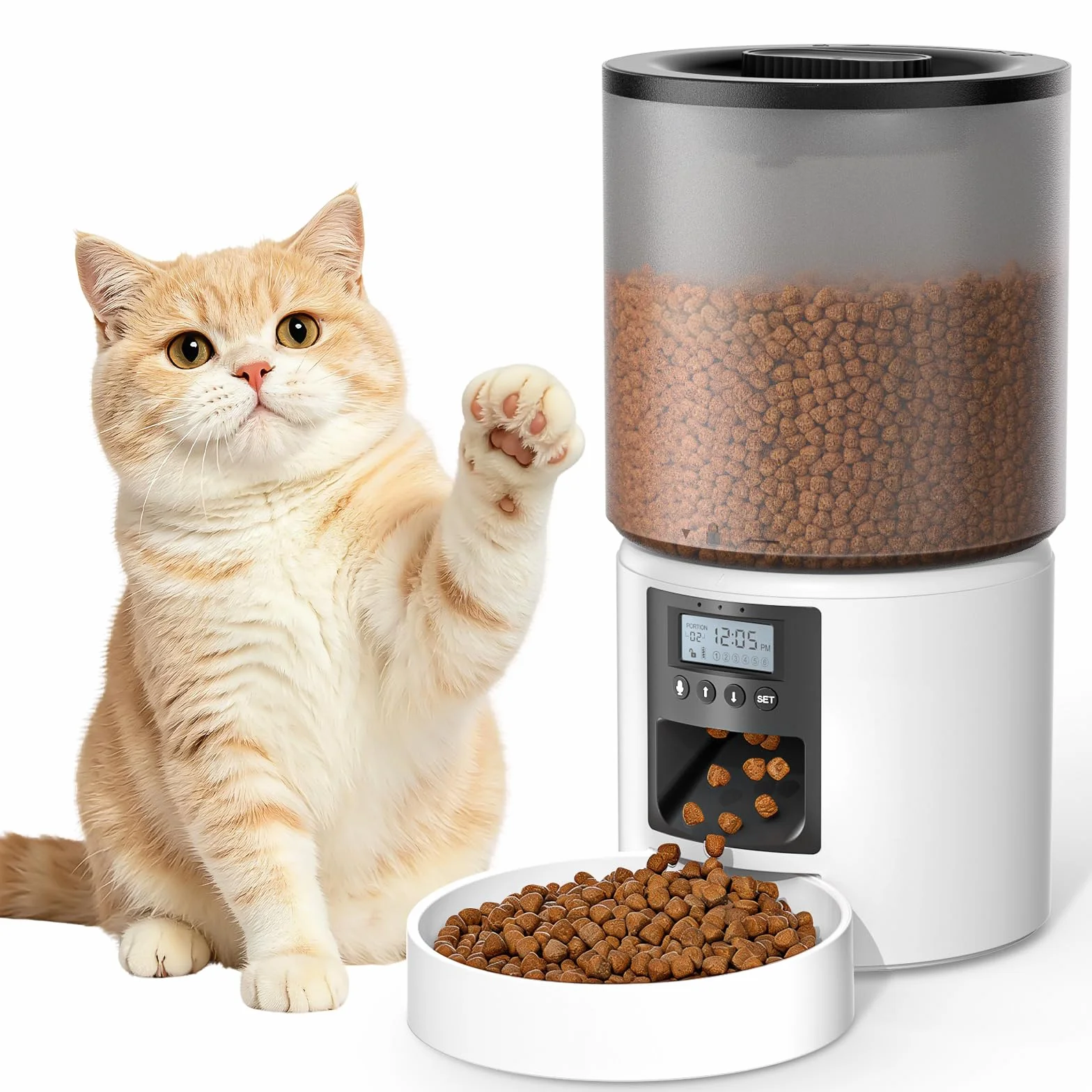 4L Comedero Gato Automatico 1-6 Comidas al Día Dispensador Comida Gatos Perros Inteligente Fuente de Alimentación Dual Grabación de Voz de 10s Blanco para Pequeño/Mediano Mascota