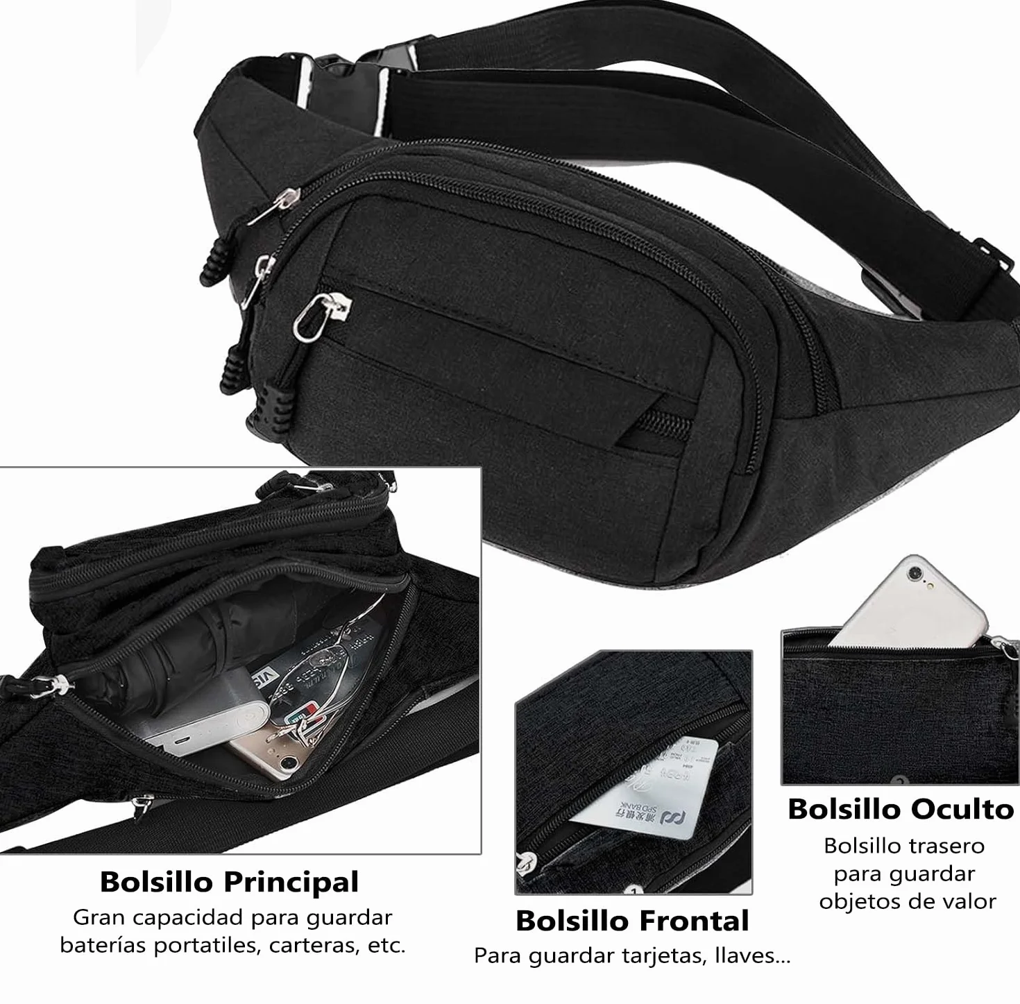 Riñonera Impermeable 4 Bolsillos Cinturón Ajustable Bolsillo Oculto