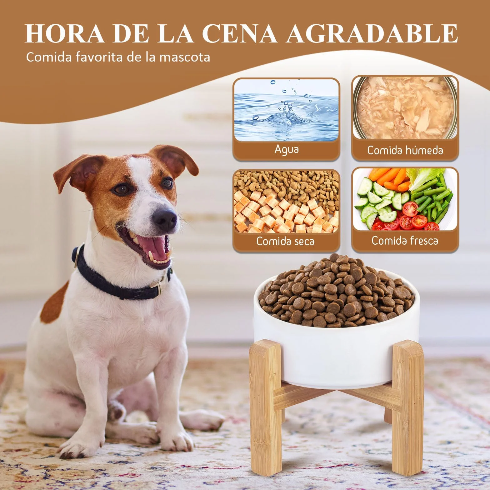 Blanca Ceramica Comedero Elevado Perro y Comedero Gato - 850 ml - En un Elegante Soporte de bambú - También Adecuado para Perros Grandes/Grandes felinos