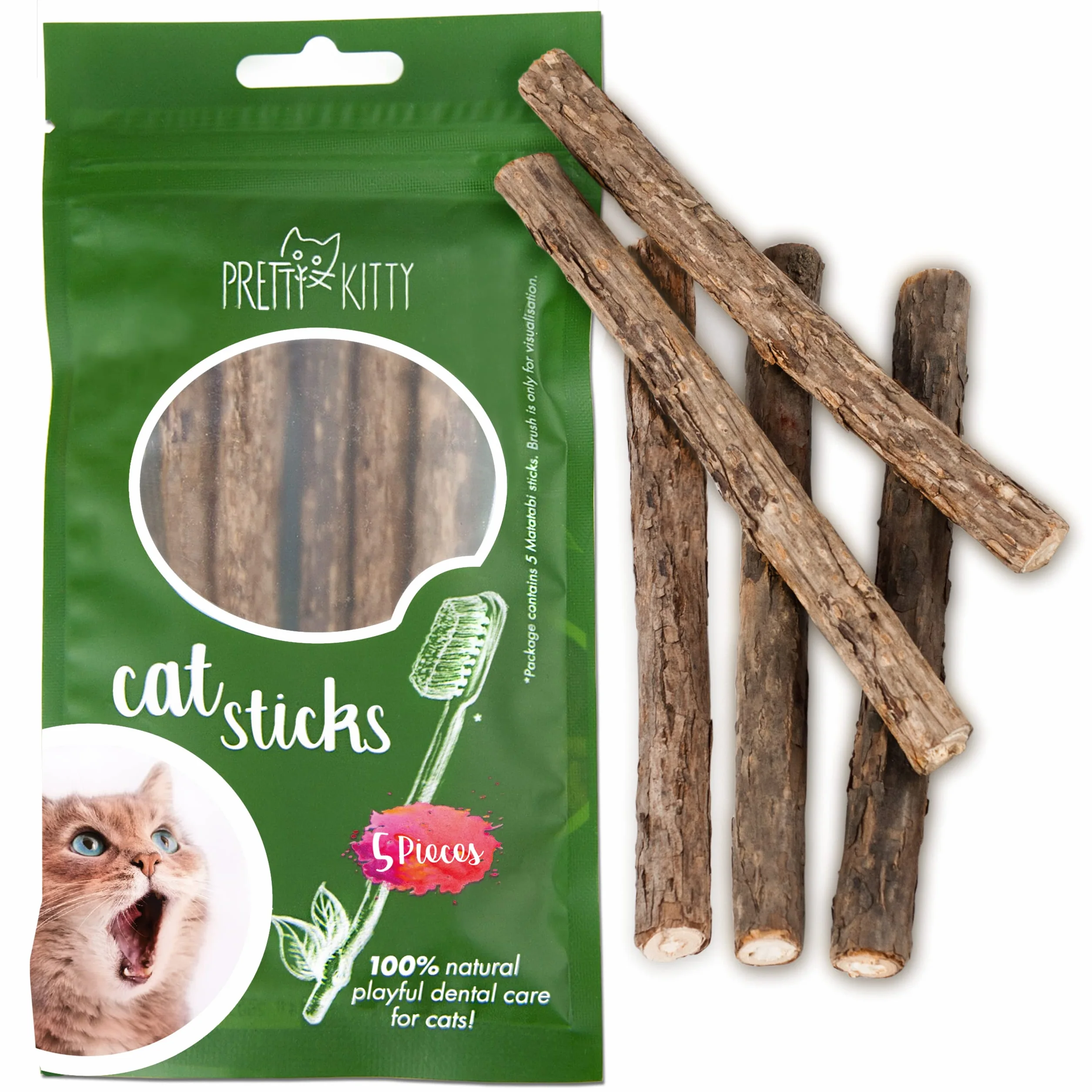 PRETTY KITTY Palitos Gato Cuidado Dental: 5X palitos Matatabi de Madera como Juguete Natural para Gatos contra el Mal Aliento – Palitos dentales Gato – Mordedores para Cuidado Dental de Gato