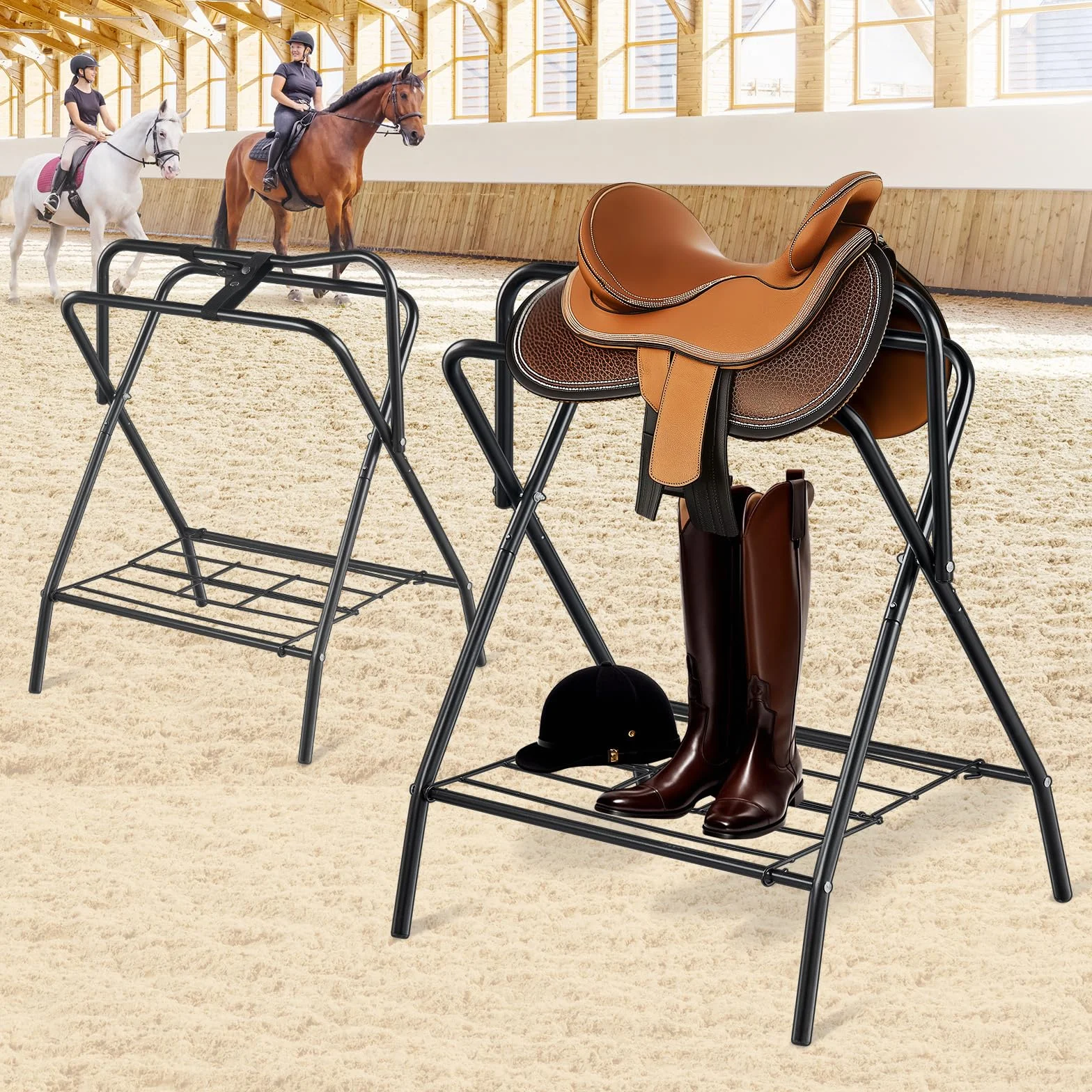 VEVOR Soporte Plegable para Sillín de Caballo de 71 x 48 x 95 cm, Soporte Independiente para Mantas de Caballo Carga de 60 kg, Soporte de Acero Resistente para Sillín Inglés y Occidental, Negro