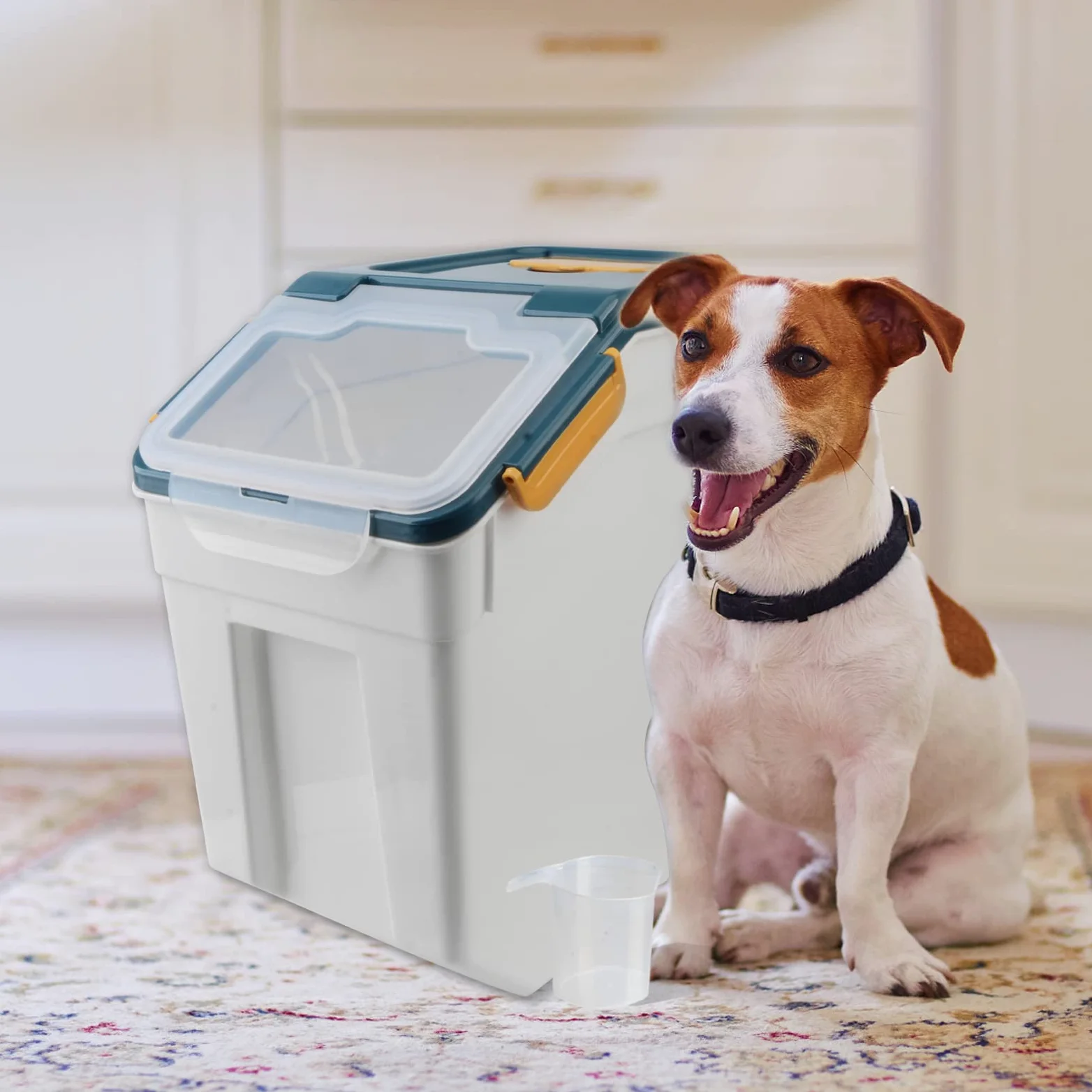 Caja de almacenamiento de alimentos de plástico de 10 kg con tapa y ruedas, organizador grande hermético para mascotas y cocina para perros y gatos, harina, cereales, nueces, frijoles, incluye