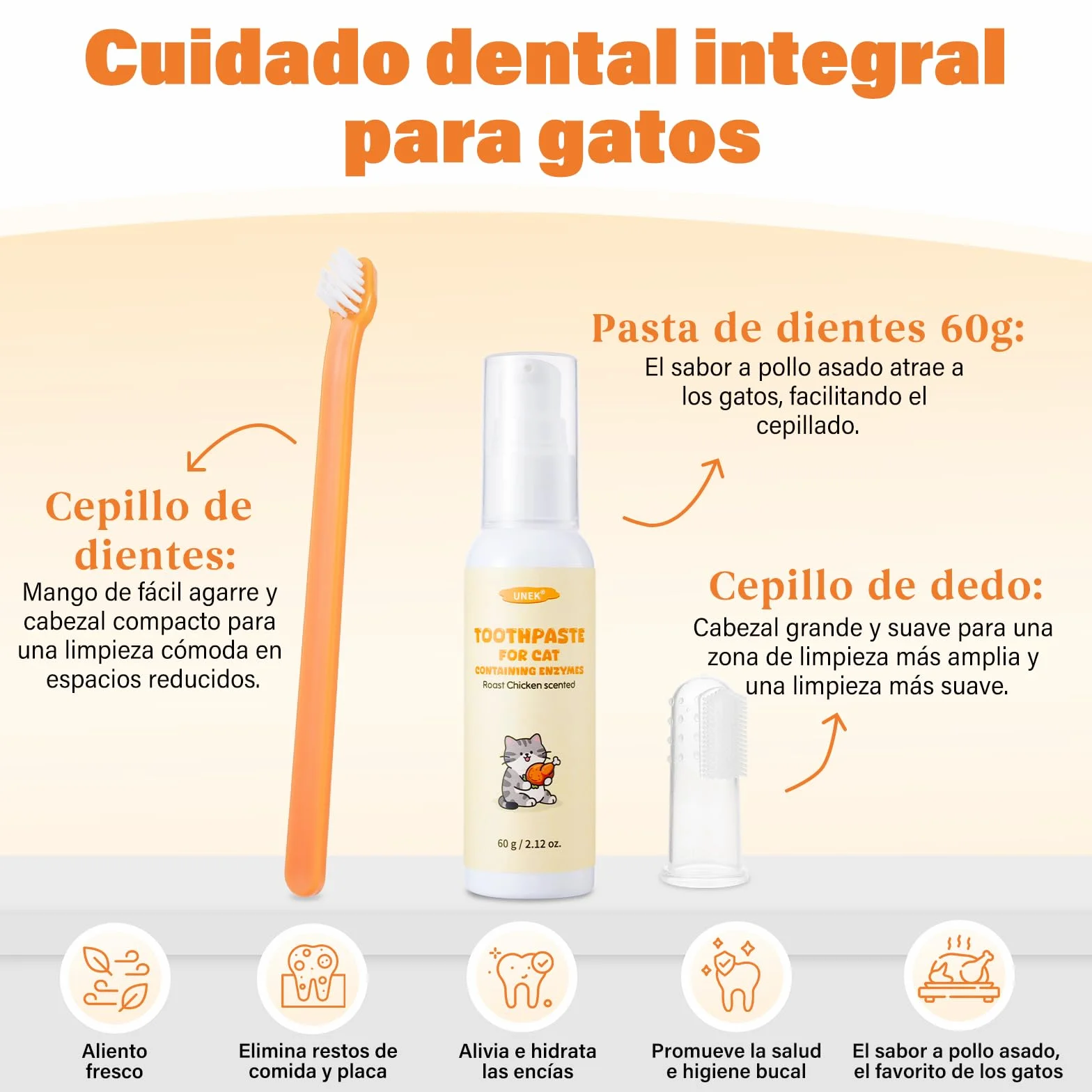 UNEK Kit de cuidado dental para gatos – Pasta de dientes enzimática 60 g sabor pollo frito, con cepillo de dientes y cepillo de dedo, ayuda a reducir placa y mal aliento