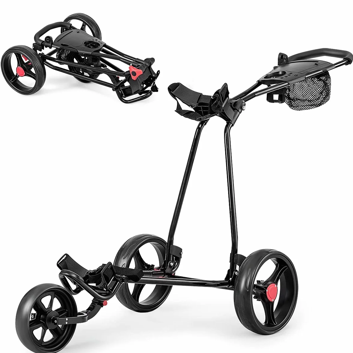 GOPLUS Carrito de Golf Plegable 3 Ruedas Goma Mango Ajustable Hierro Negro