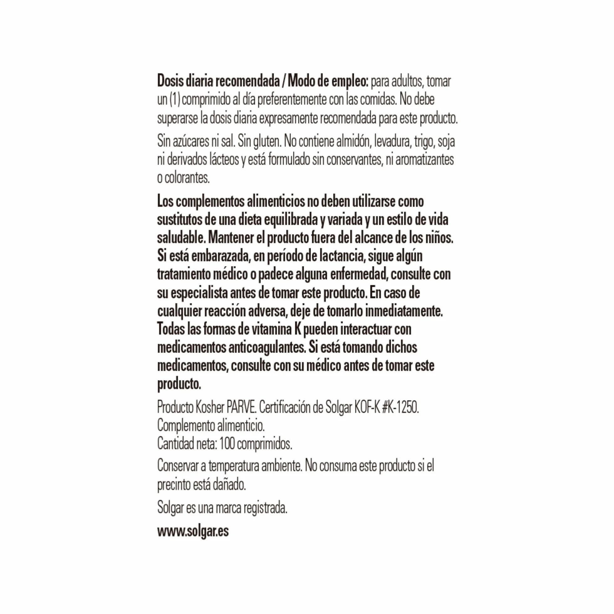Solgar Vitamina K1 100 µg, Huesos Sanos Y Coagulación, Fitonadiona Comprimidos 100 Unidad
