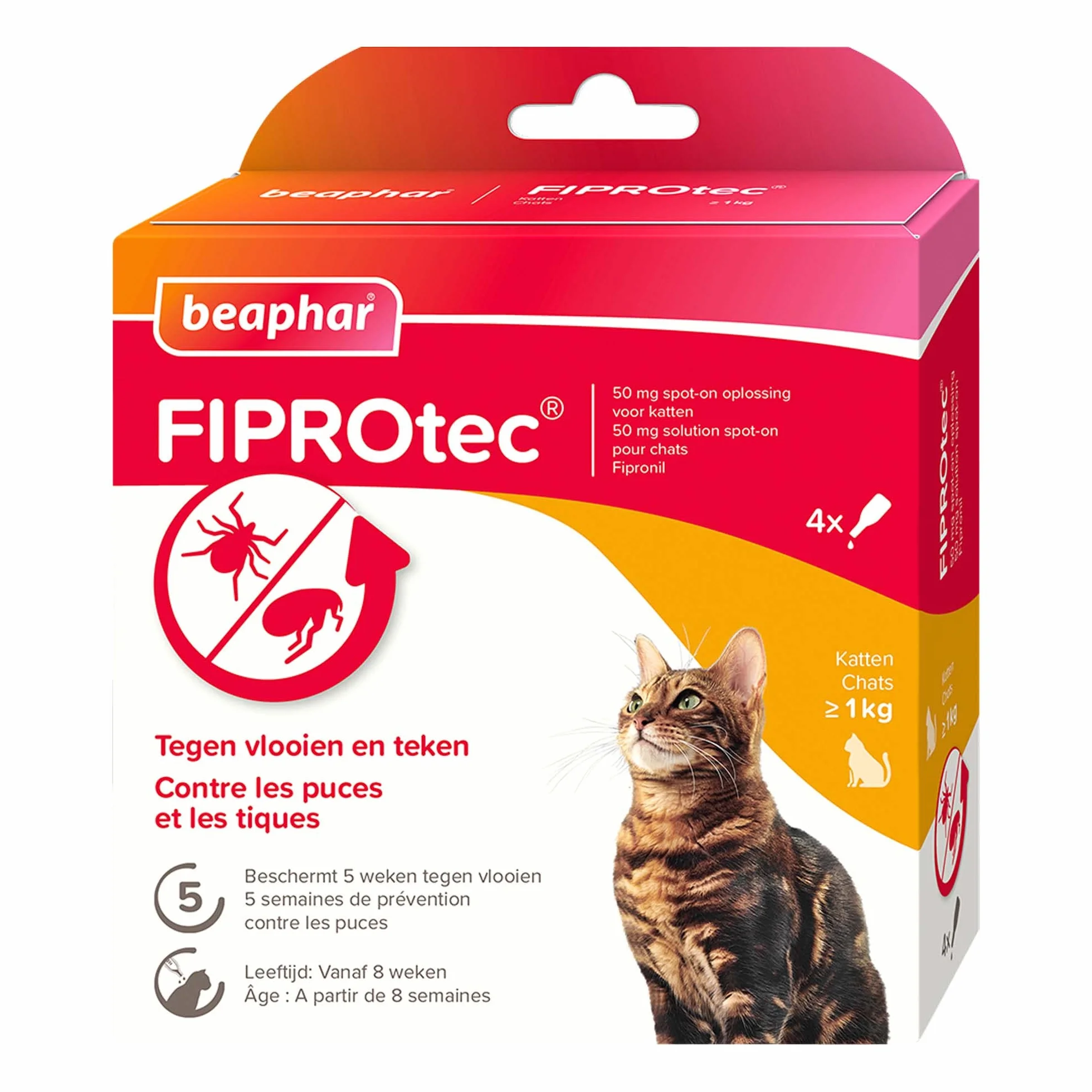 BEAPHAR FIPROTEC 50 MG Solution Spot-on pour Chats À Base de Fipronil Tue Les Puces et Les Tiques à l'application Traitement Antiparasitaire pour Chat dès 8 Semaines 4 Pipettes de 0,50 ML