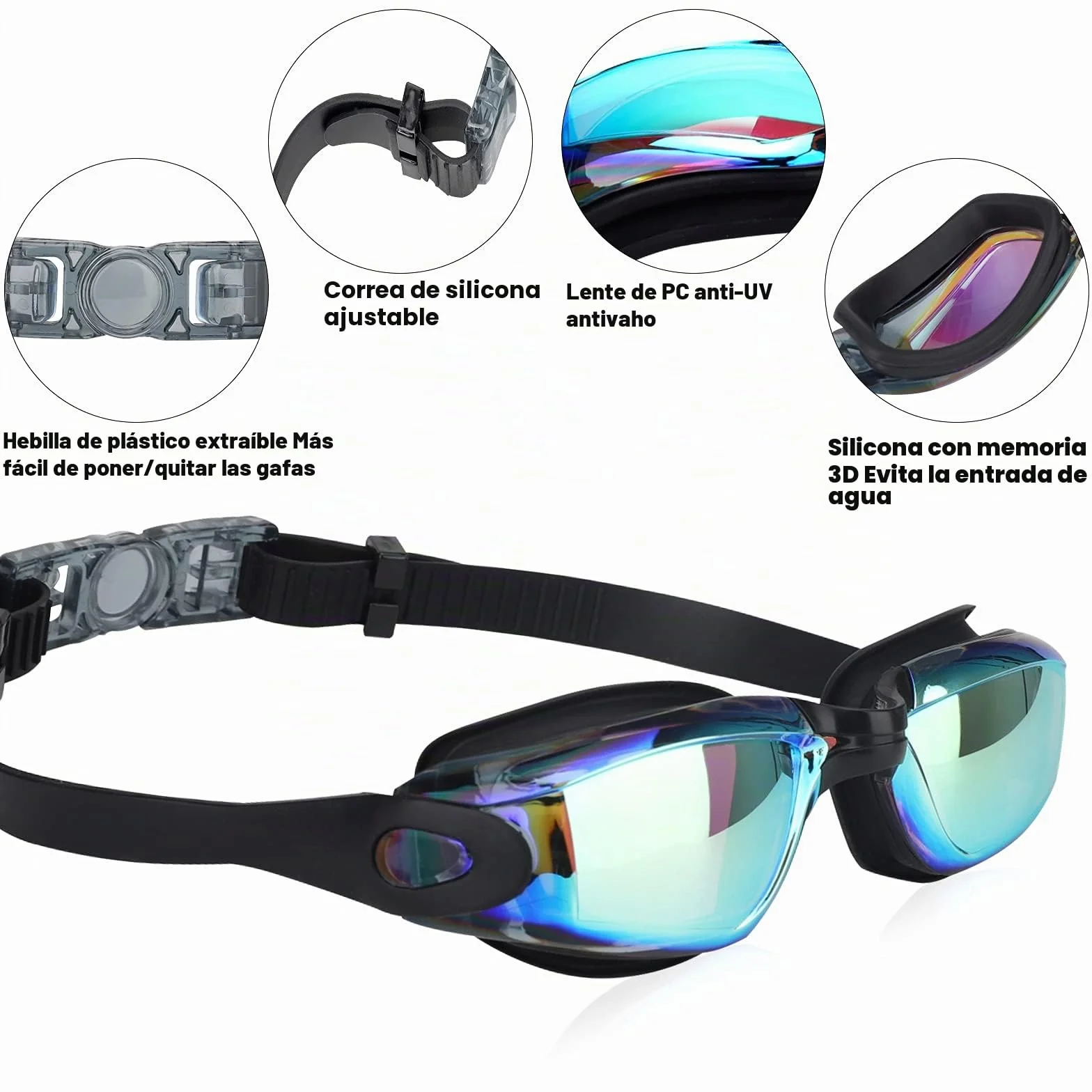 Gafas de Natación Unisex Adultos UV Protegido Espejo Gran Angular 180° Antivaho Buceo con Estuche