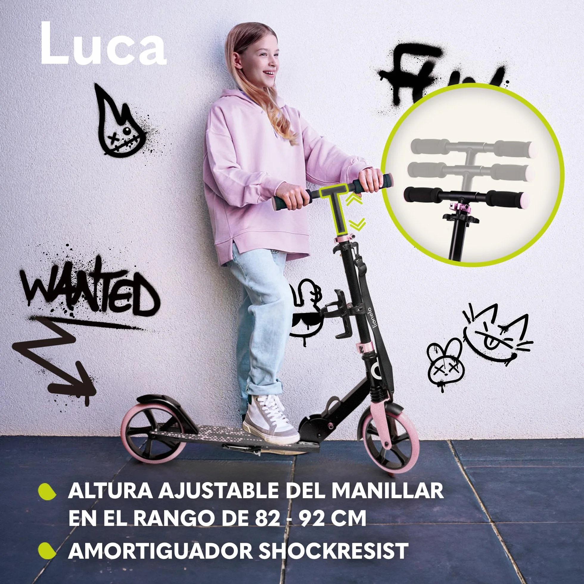 Lionelo Luca Patinete Urbano XXL hasta 100 kg, Scooter niños Ruedas 200 mm ShockResist Amortiguador