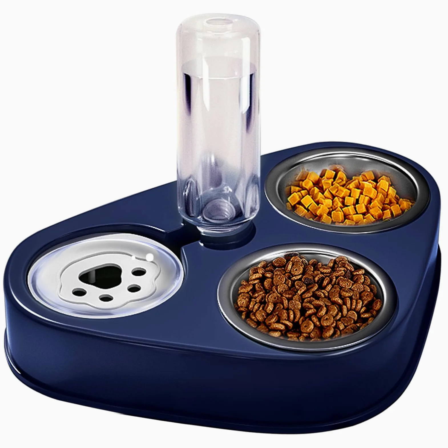 comederos para Mascotas, Comedero for Gatos de Acero Inoxidable 3 en 1, Doble, con depósito automático de Agua for Perros y Gatos.(Blue)